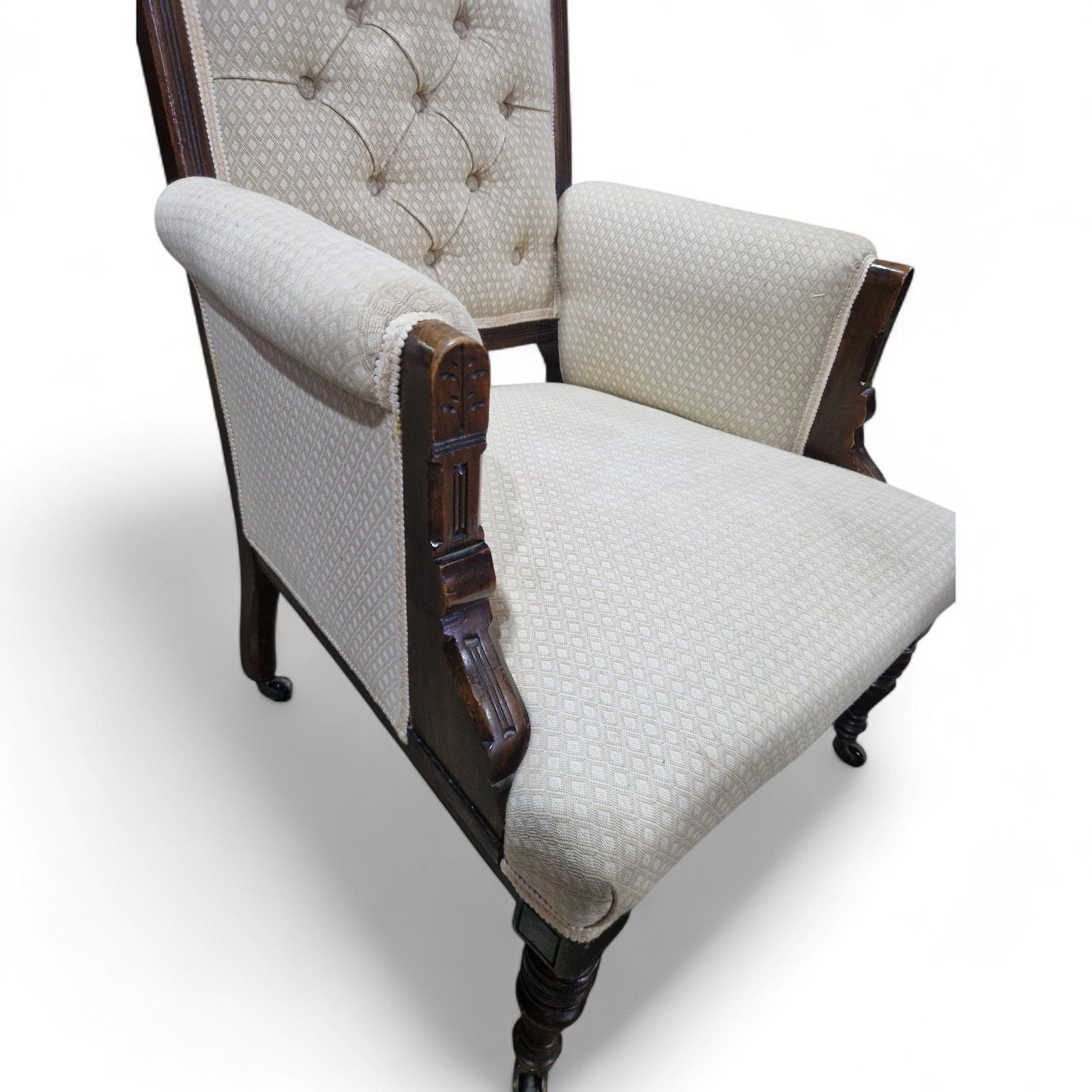 photo vinterior Antique Victorian Button Back Fireside Chair Upholstered Reading Armchair Carved