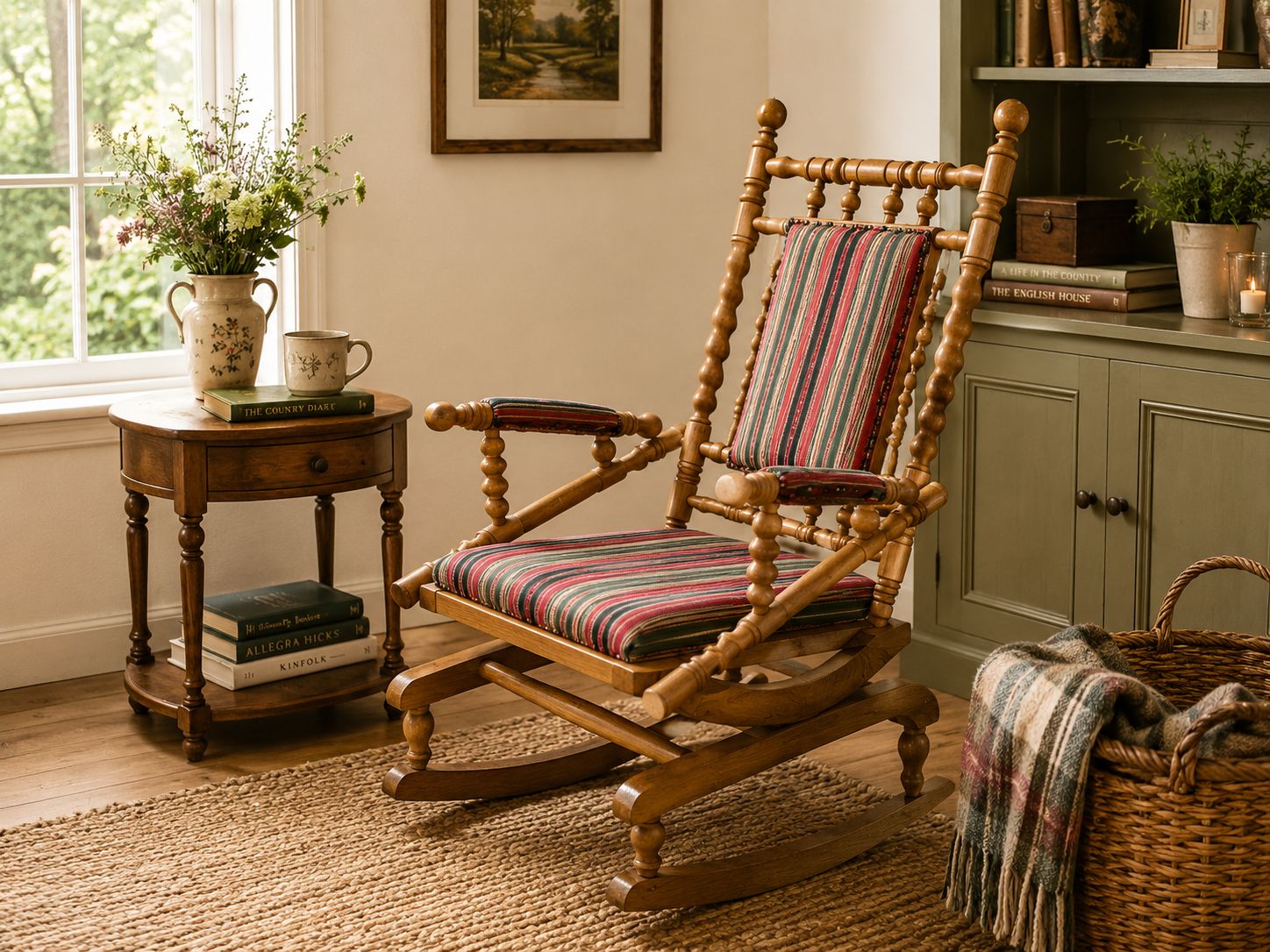 Antique Oak Rocking Chair Bobbin Turned Spindle Back Armchair Reading Chair