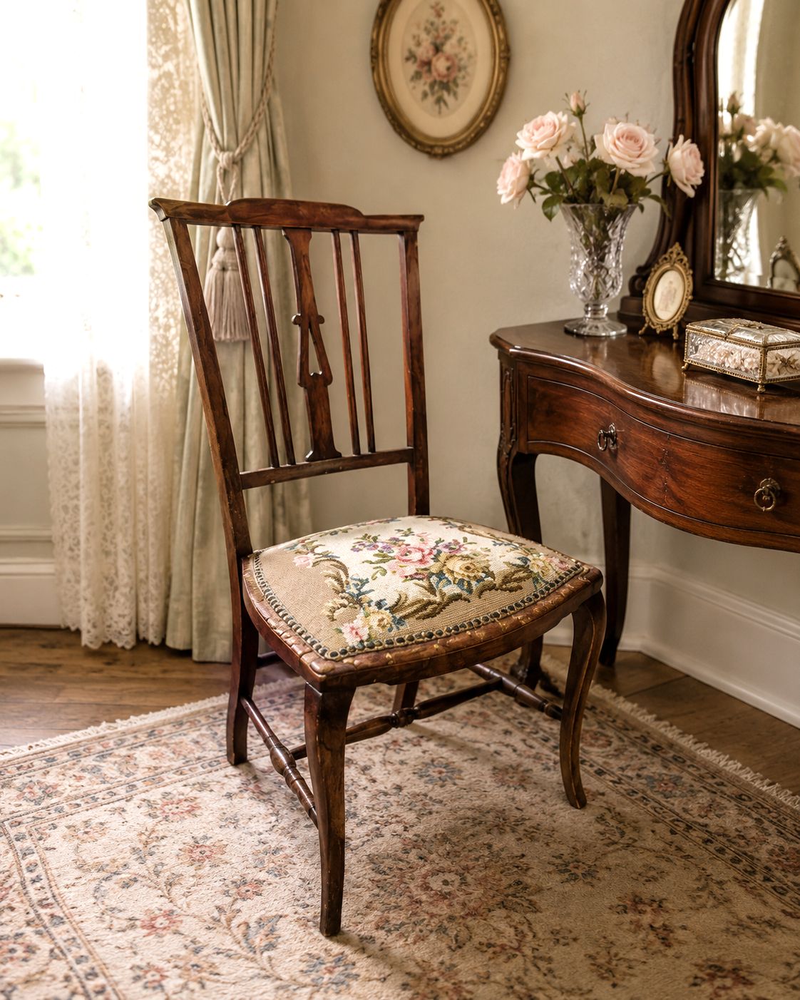Antique Victorian Mahogany Side Chair Needlepoint Bedroom Hall Occasional Chair