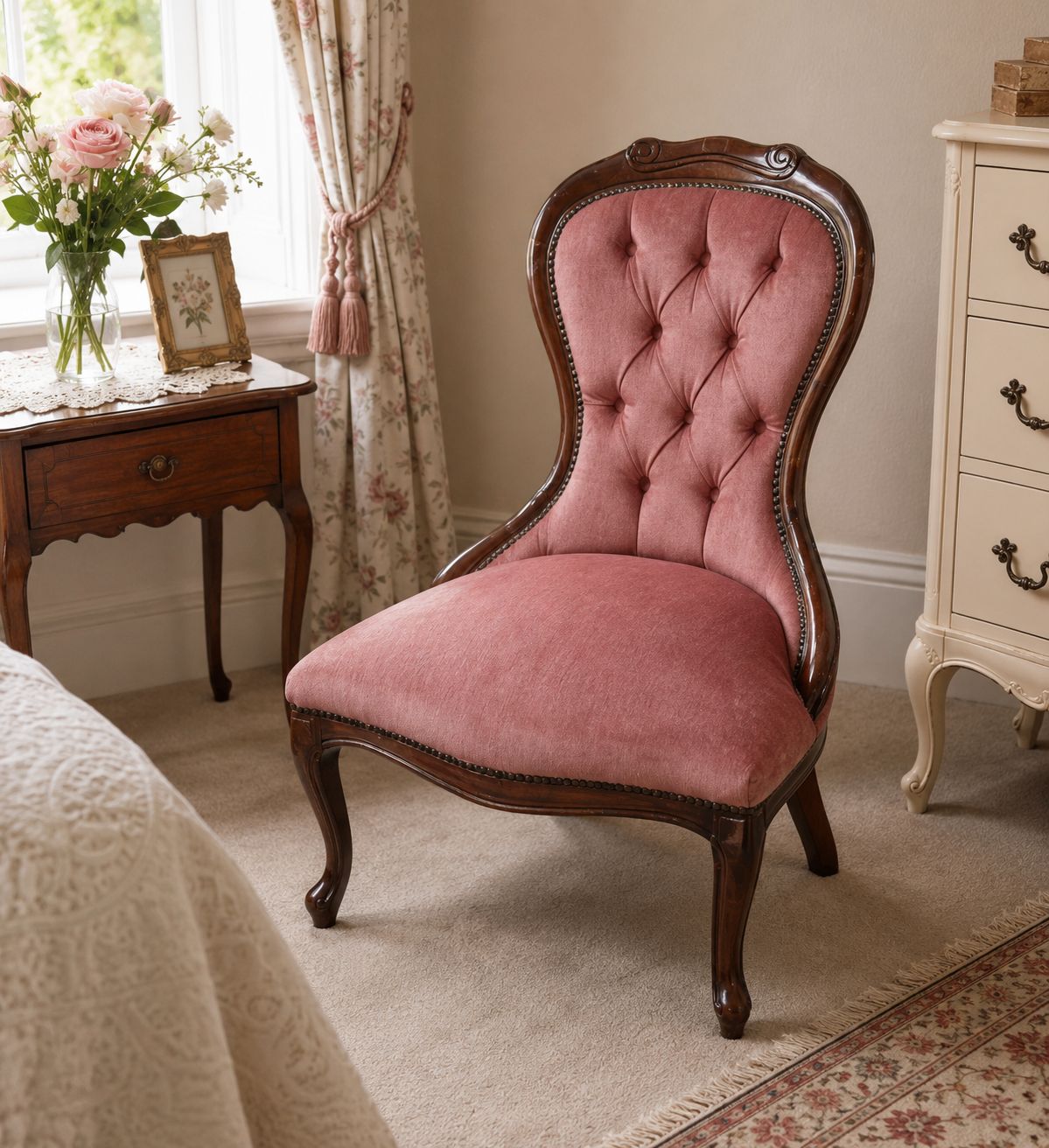 Victorian Style Nursing Chair Pink Button Back Bedroom Carved Accent Seat