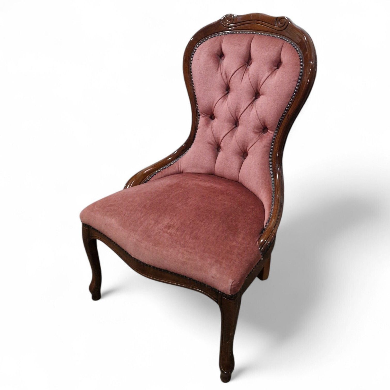 Victorian Style Nursing Chair Pink Button Back Bedroom Carved Accent Seat photo 95.0