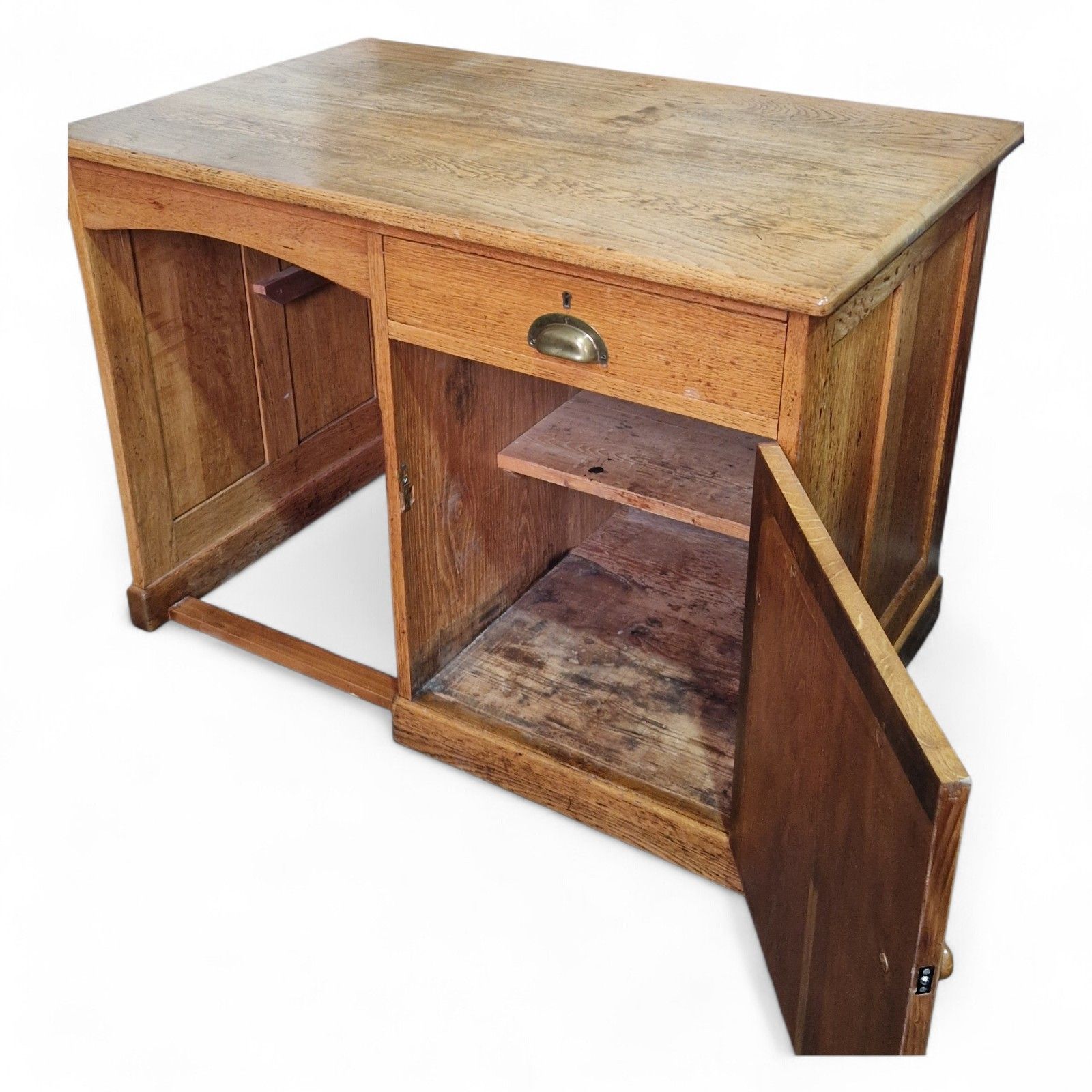 Furniture Antique Oak Single Pedestal Desk Industrial Writing Desk Panelled Office Desk photo