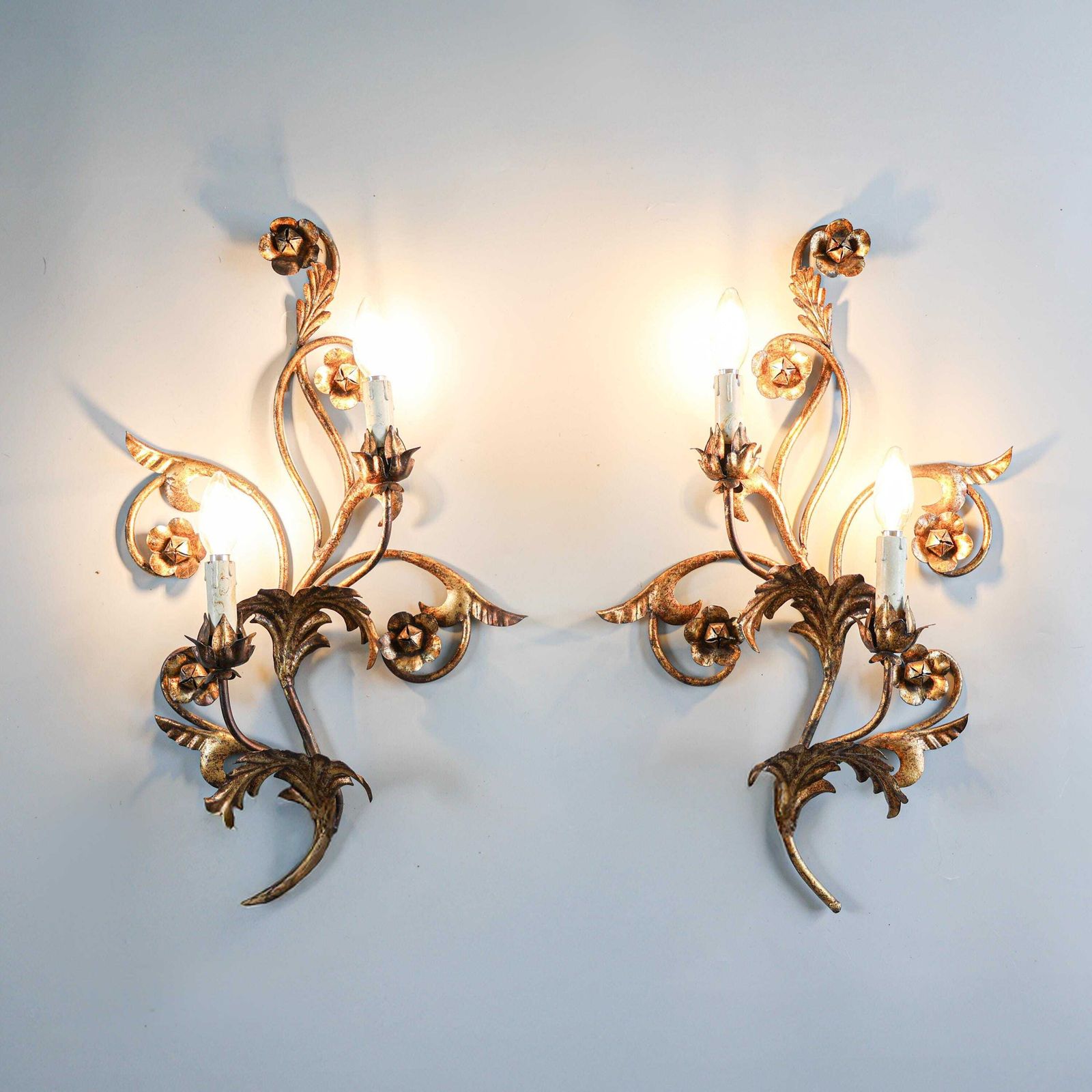 Pair Of Vintage Italian Gilt Metal Wall Sconces, Florentine Style, 1970s. photo for sale