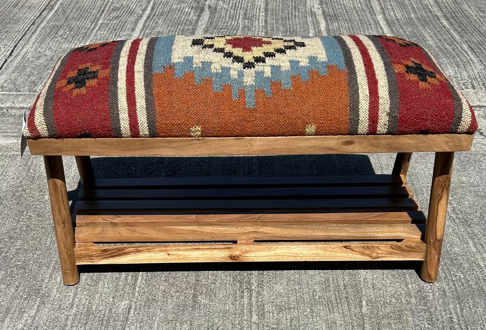 Beautiful Contemporary Kilim Kelem Flat Weave Upholstered Bench Seat With Rack photo vintage