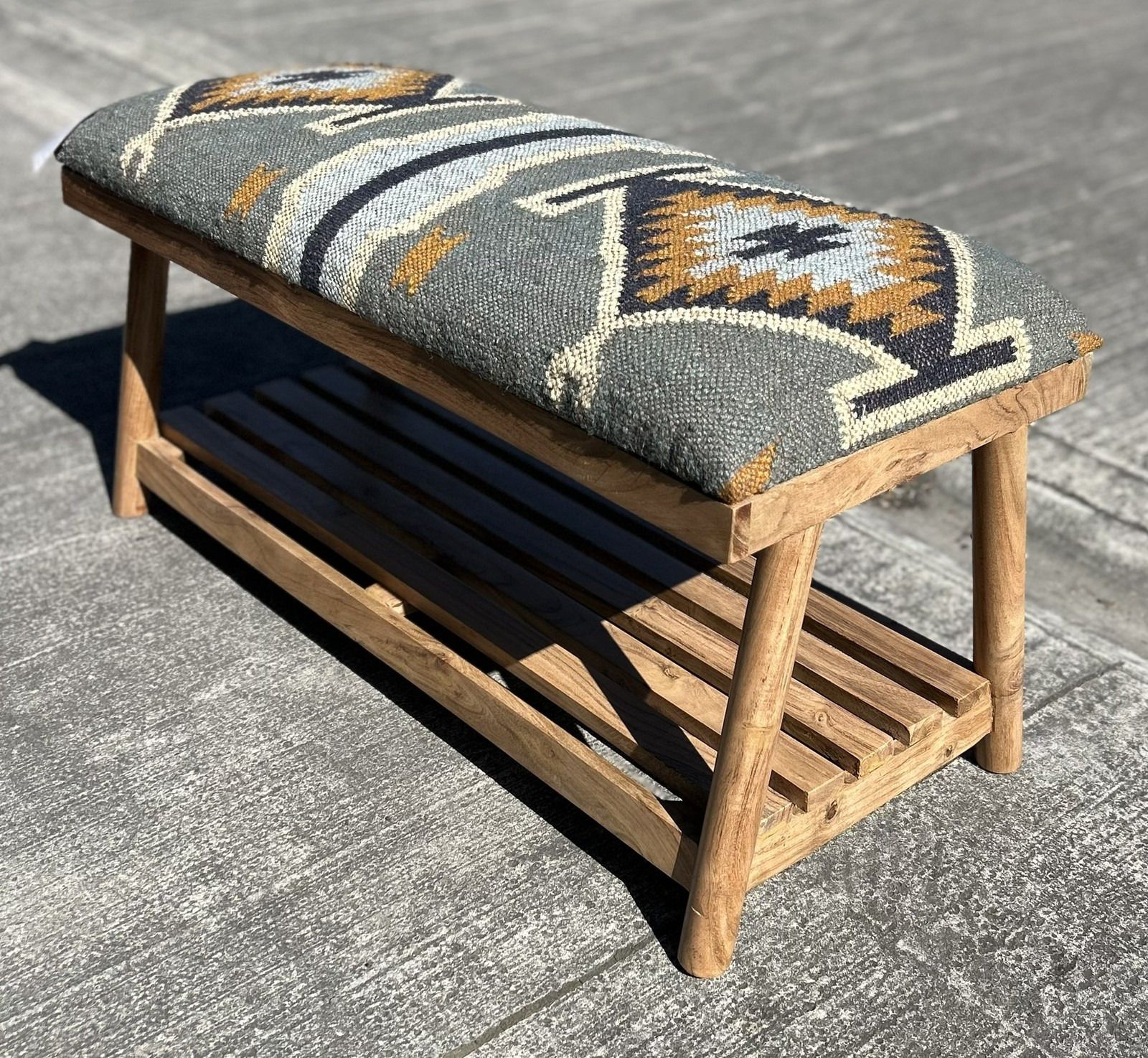 Beautiful Contemporary Kilim Kelem Flat Weave Upholstered Bench Seat With Rack photo vintage