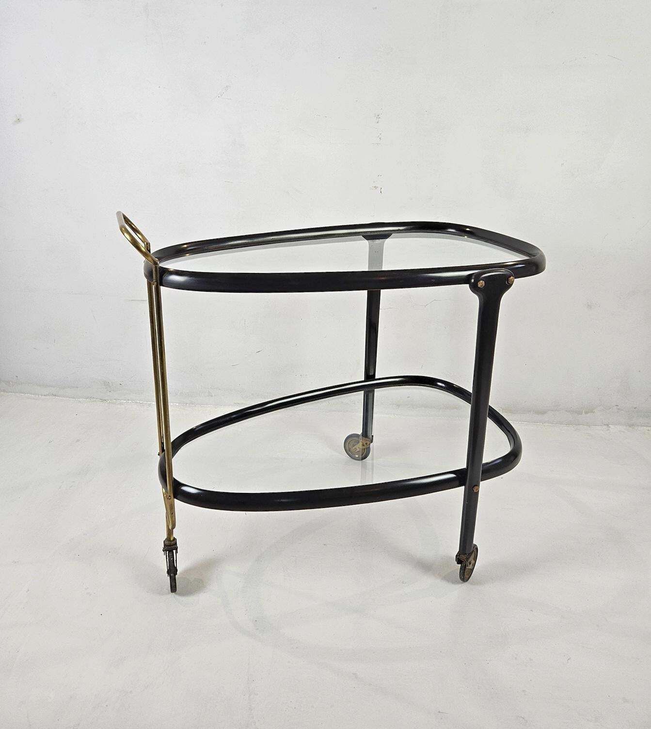 Midcentury Cesare Lacca Bar Cart, Stained Beech & Brass, Italy, 1950s photo furniture