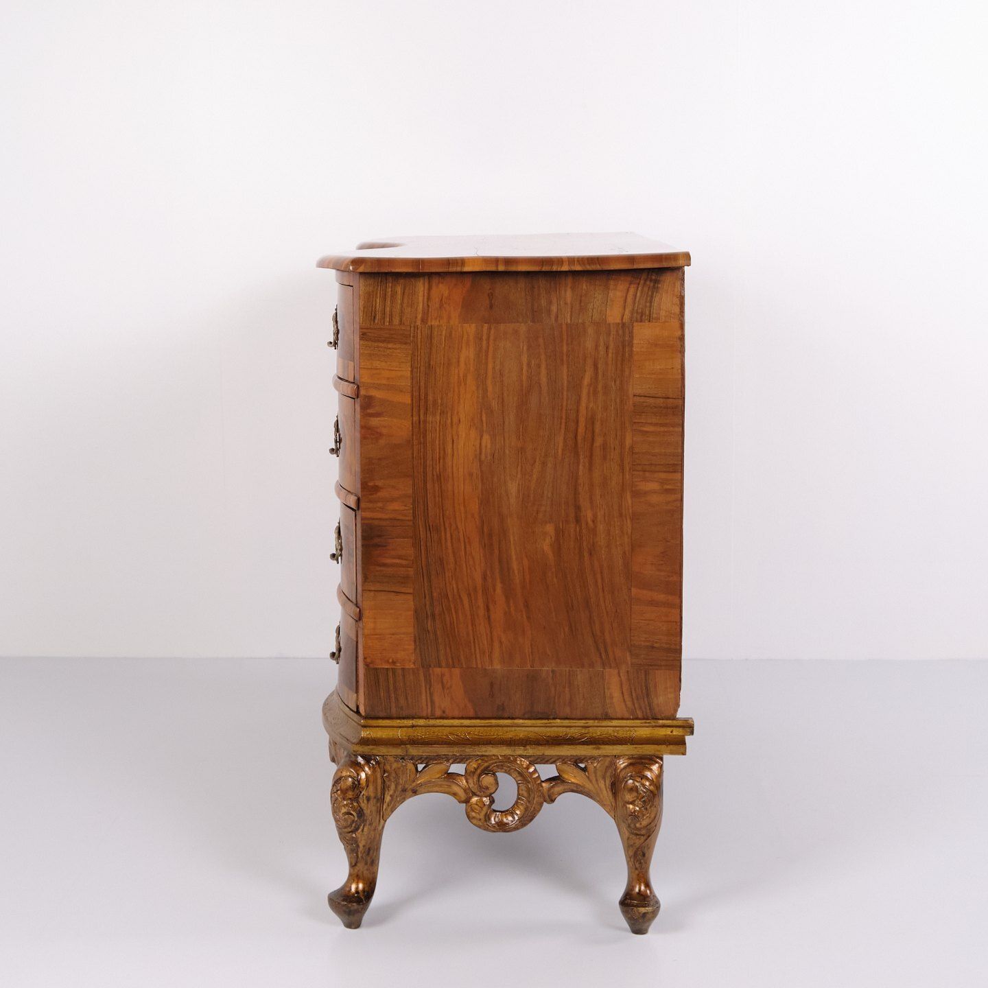Antique Baroque Chest Of Drawers With 4 Drawers In Polished Walnut With Marquetry And Brass Handles From The 1760s photo for sale