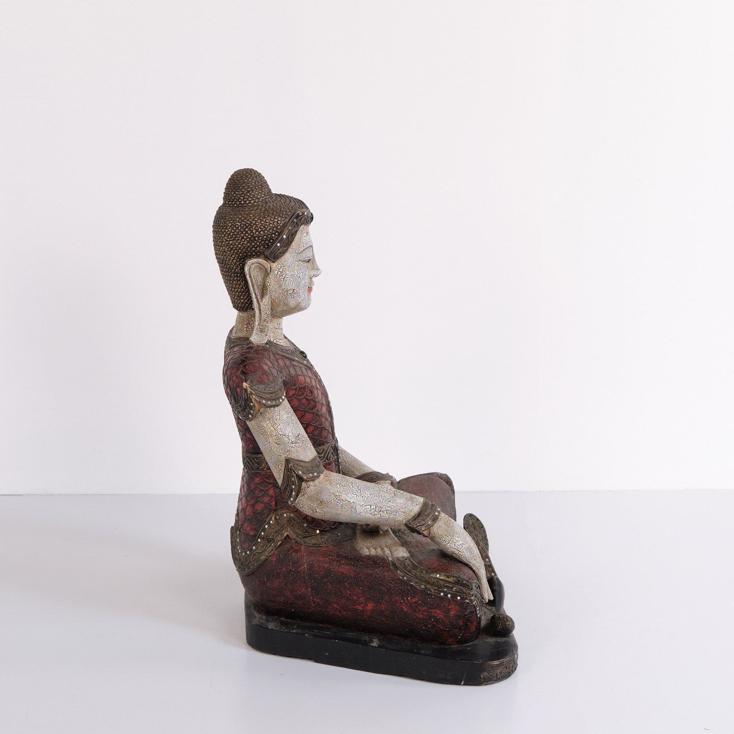 Buddha Figure In Carved Wood With Reddish Patina From Thailand, 1920s photo furniture