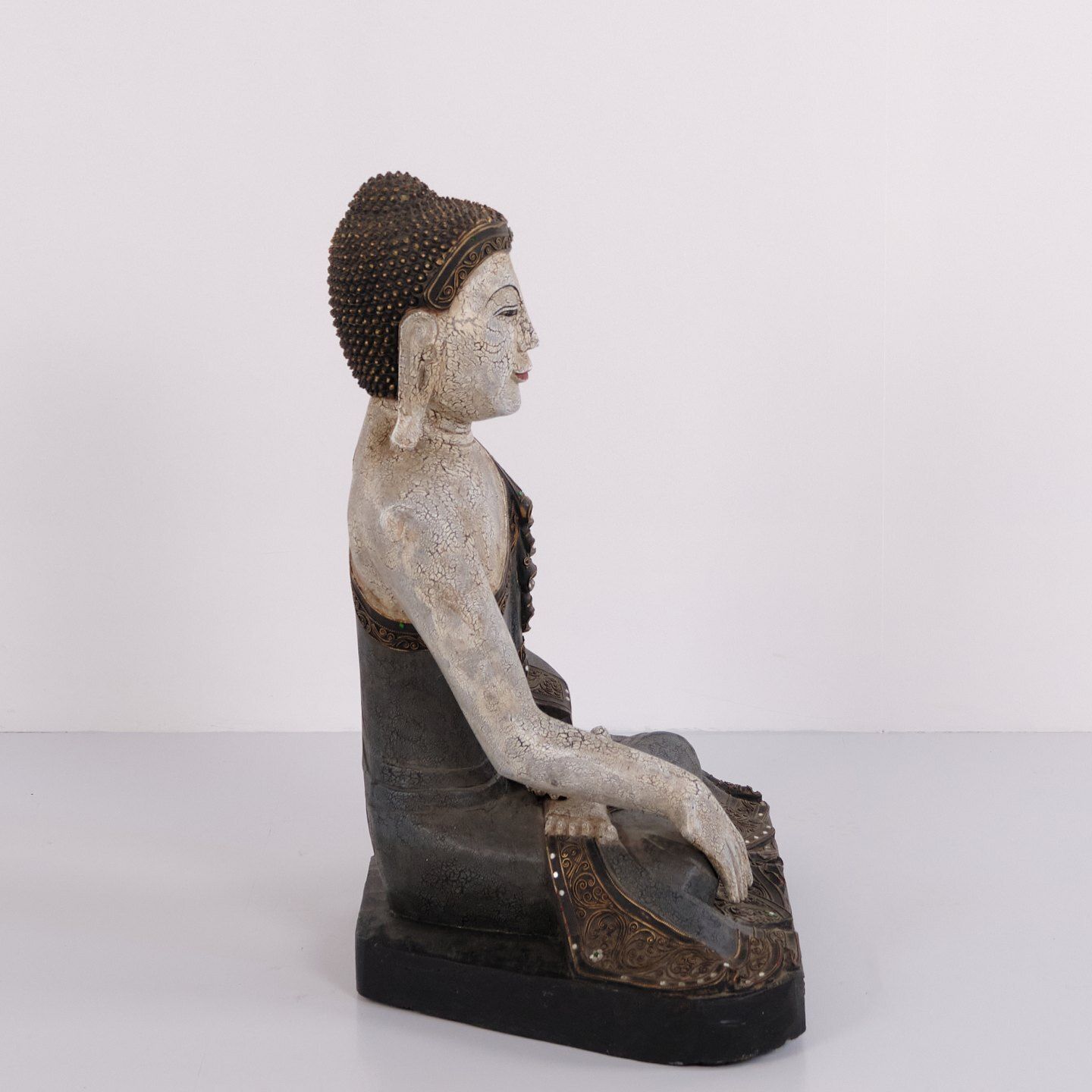 Buddha Figure In Carved Wood With Light And Blue Toned Patina From Thailand, 1920s photo for sale