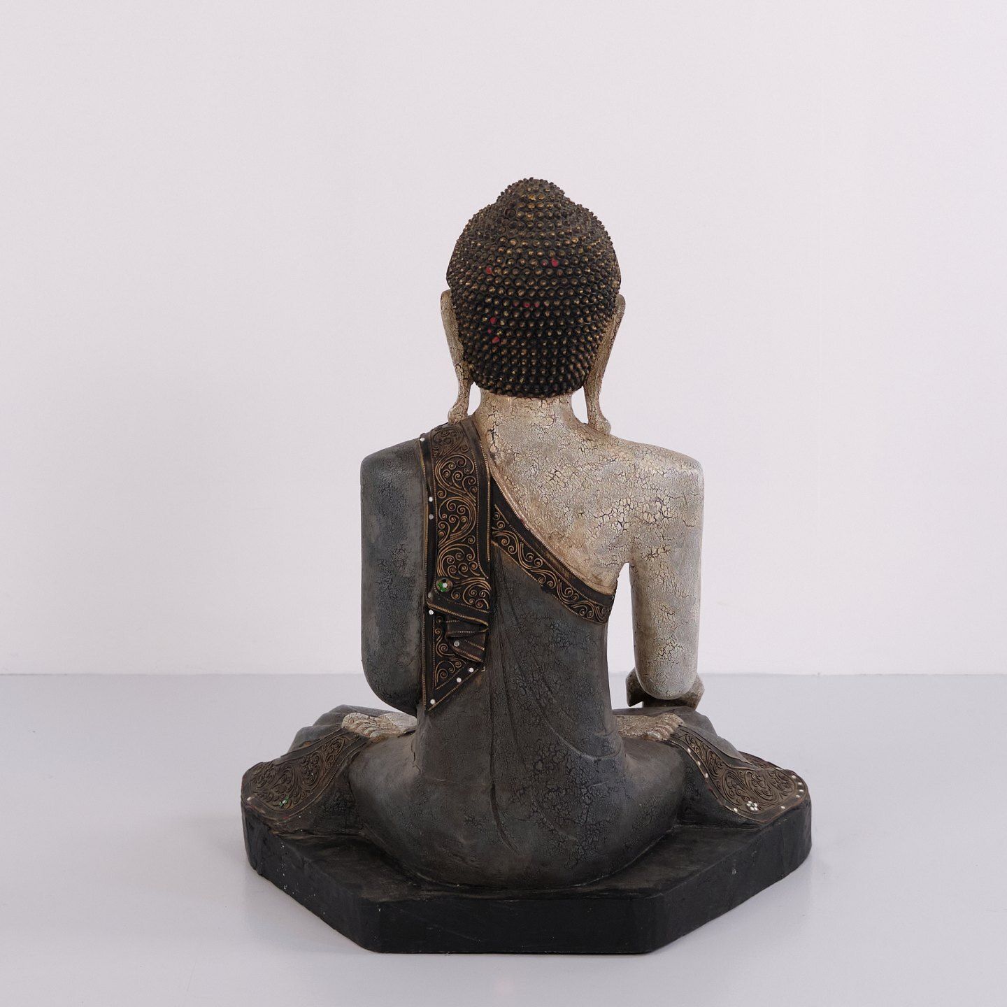 Buddha Figure In Carved Wood With Light And Blue Toned Patina From Thailand, 1920s photo Home Decor