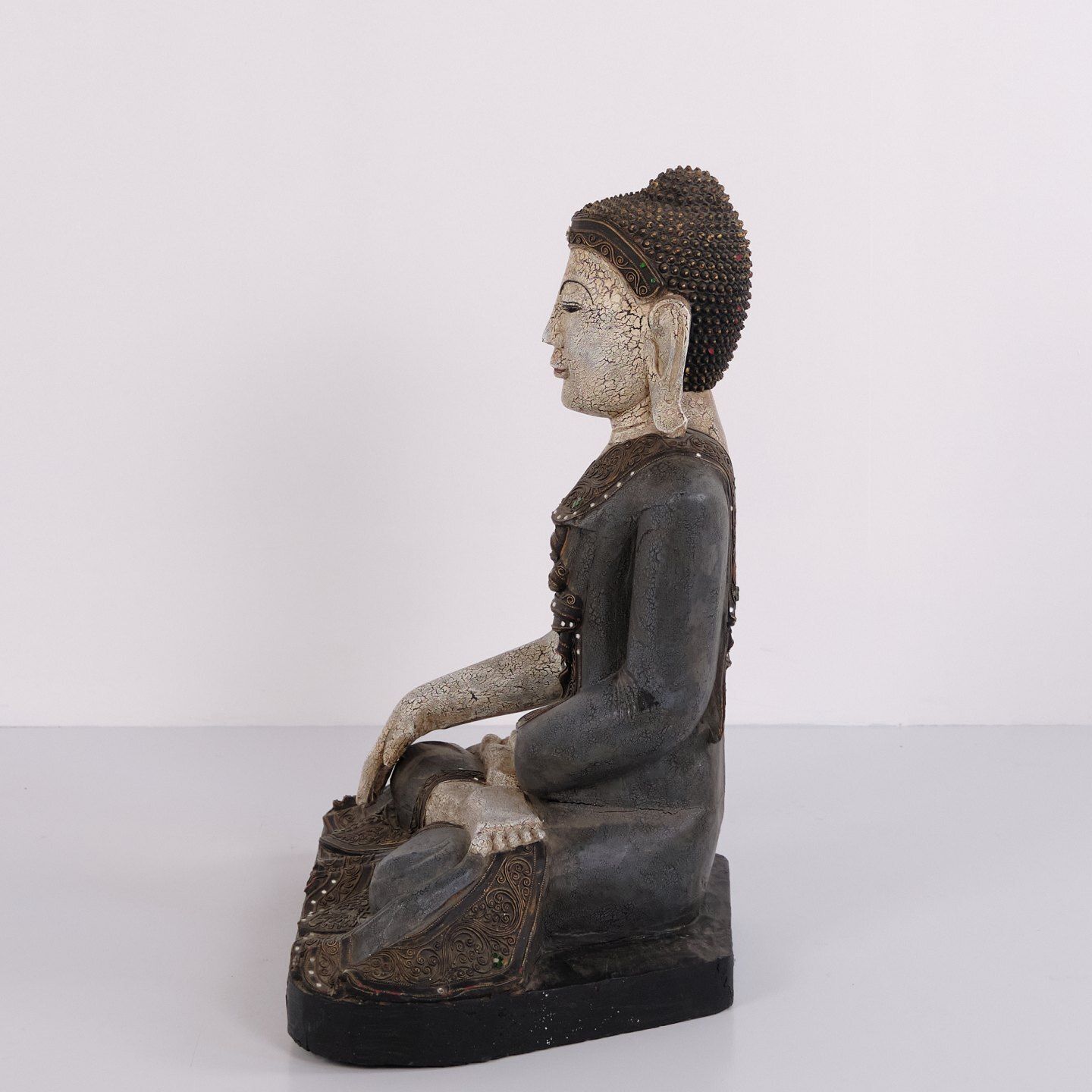 Buddha Figure In Carved Wood With Light And Blue Toned Patina From Thailand, 1920s photo 928.0