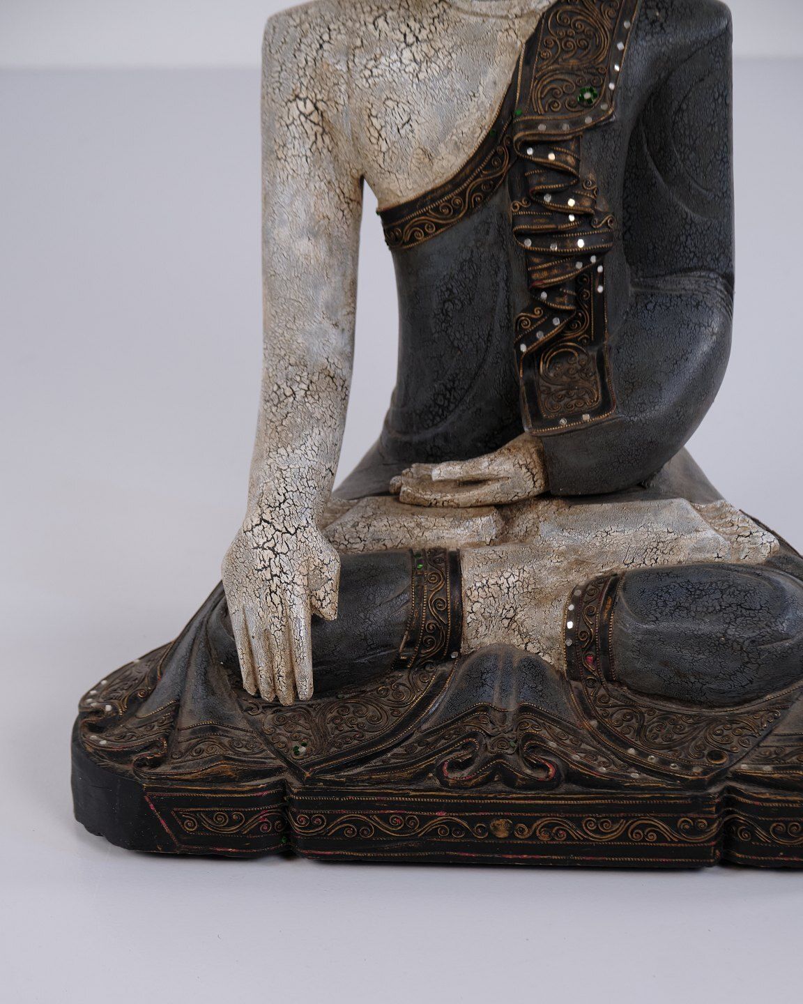 Buddha Figure In Carved Wood With Light And Blue Toned Patina From Thailand, 1920s photo vintage