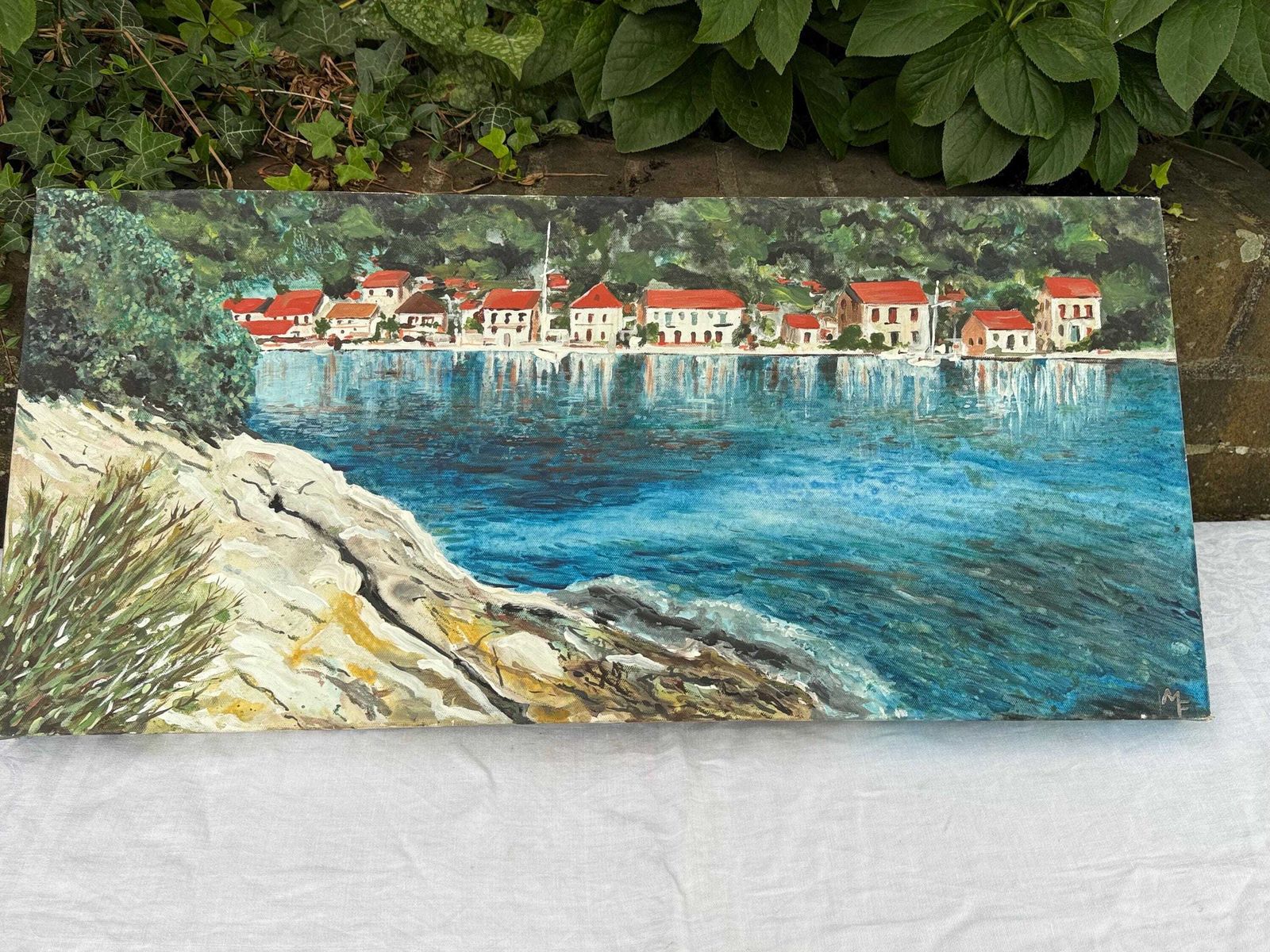 Original Vintage Coastal Oil Painting On Canvas By Sussex Artist Mark Fisher photo vintage
