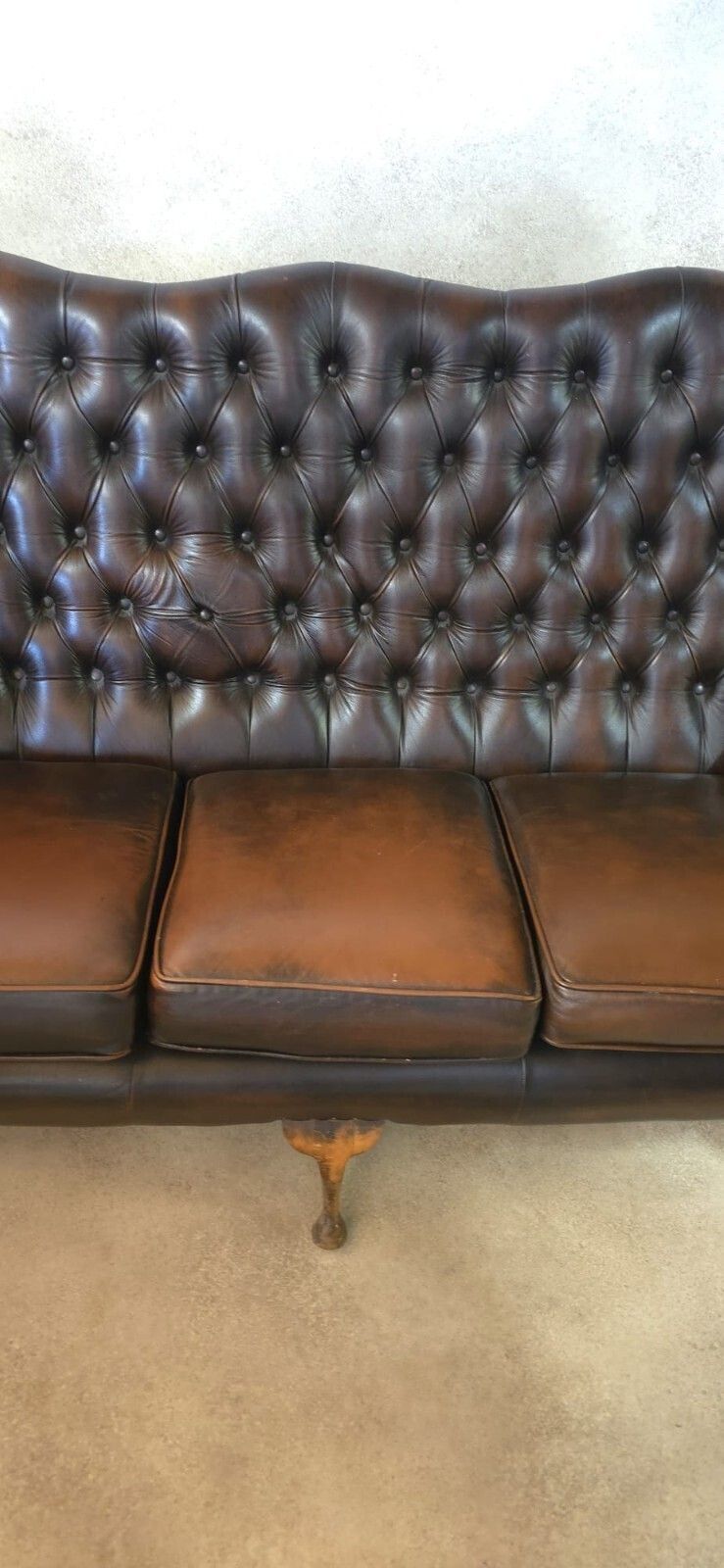 Vintage Queen Anne Style High Back Brown Leather Chesterfield Sofa photo 525.0