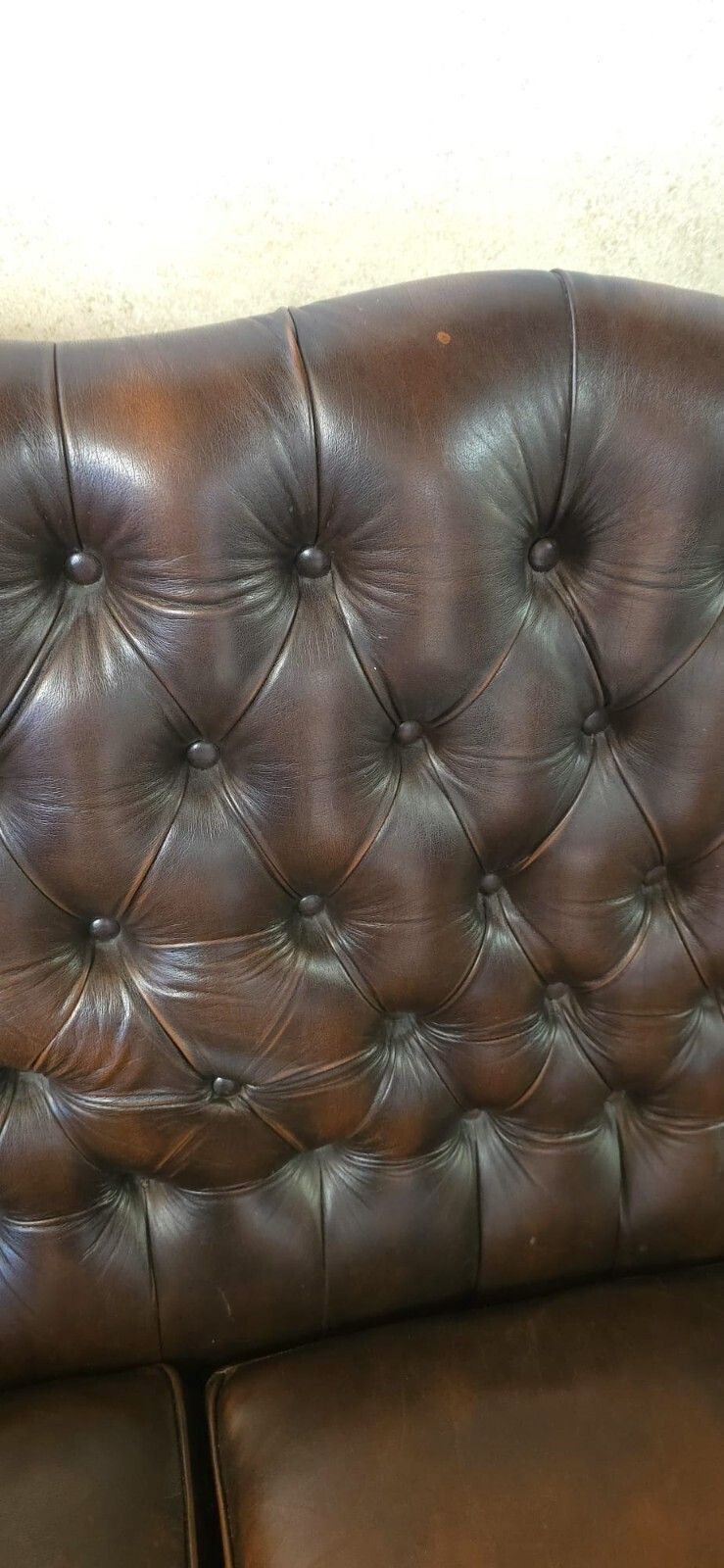 Vintage Queen Anne Style High Back Brown Leather Chesterfield Sofa photo vinterior