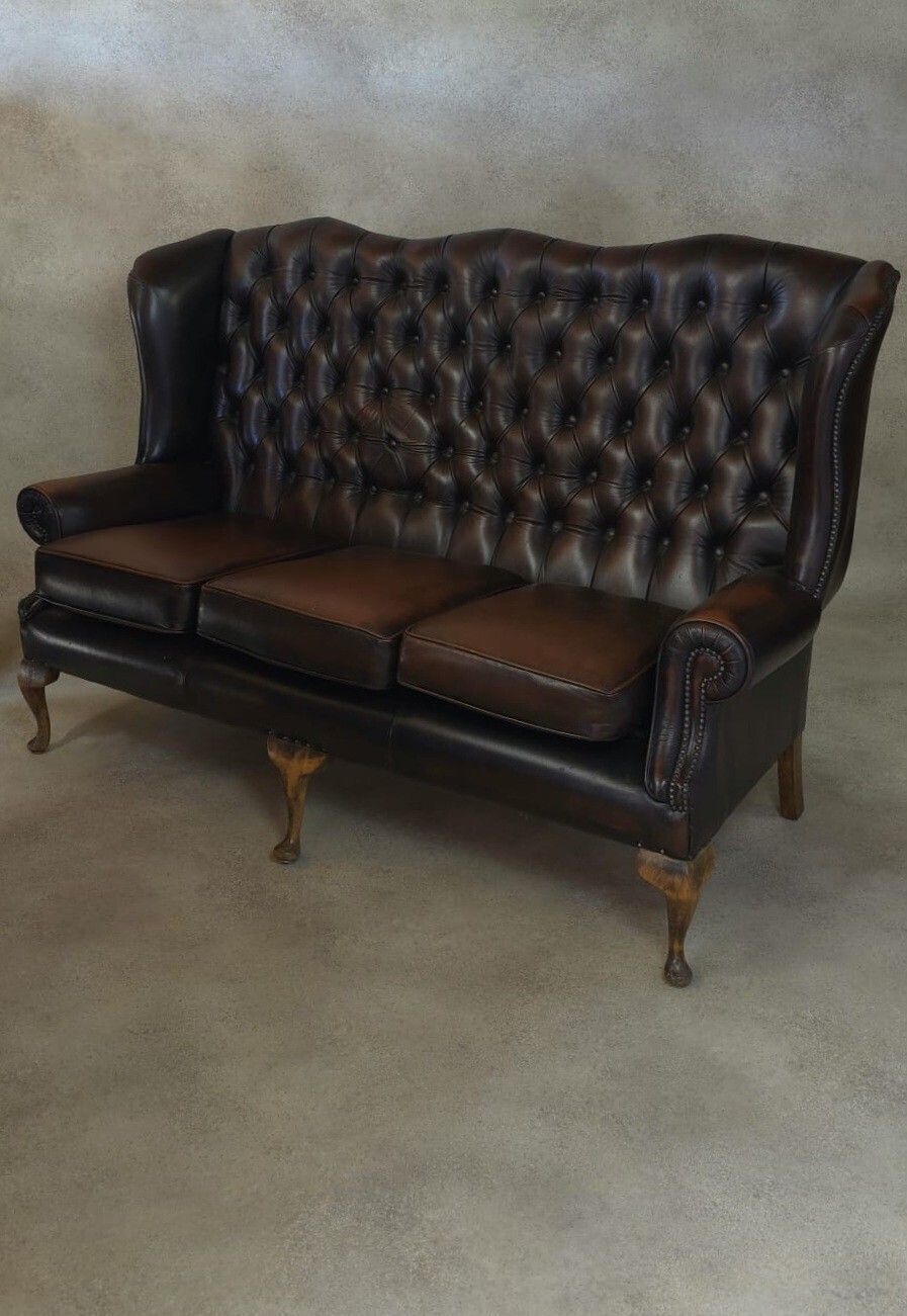 photo buy Vintage Queen Anne Style High Back Brown Leather Chesterfield Sofa