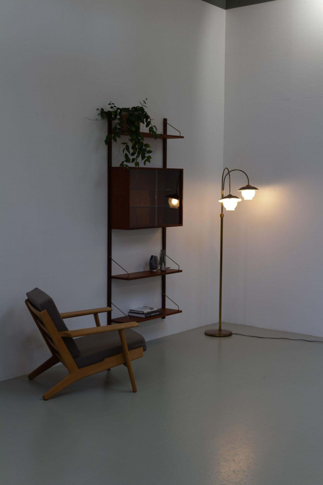 Scandinavian Art Deco Floor Lamp In Brass And Glass, 1920s. photo furniture