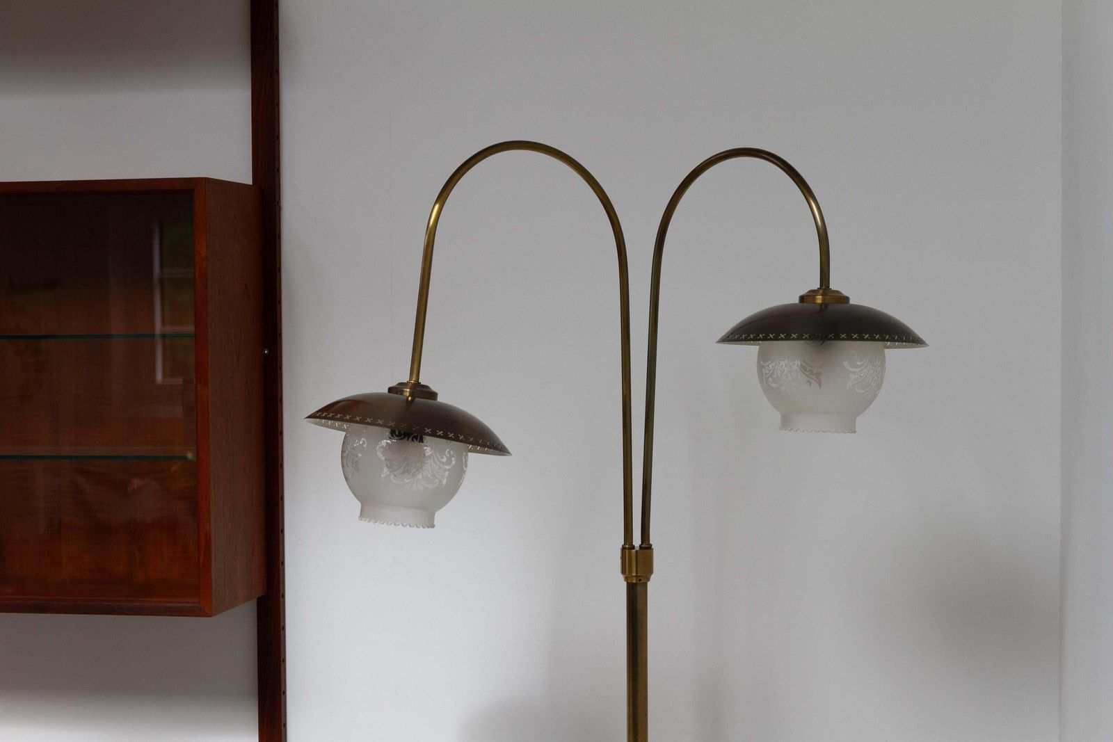 Scandinavian Art Deco Floor Lamp In Brass And Glass, 1920s. photo vintage