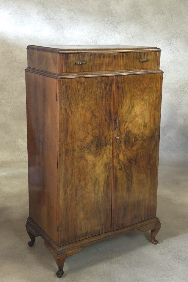 345.0 Vintage Art Deco Burr Walnut Compactum Tallboy 1930s Linen Cabinet photo