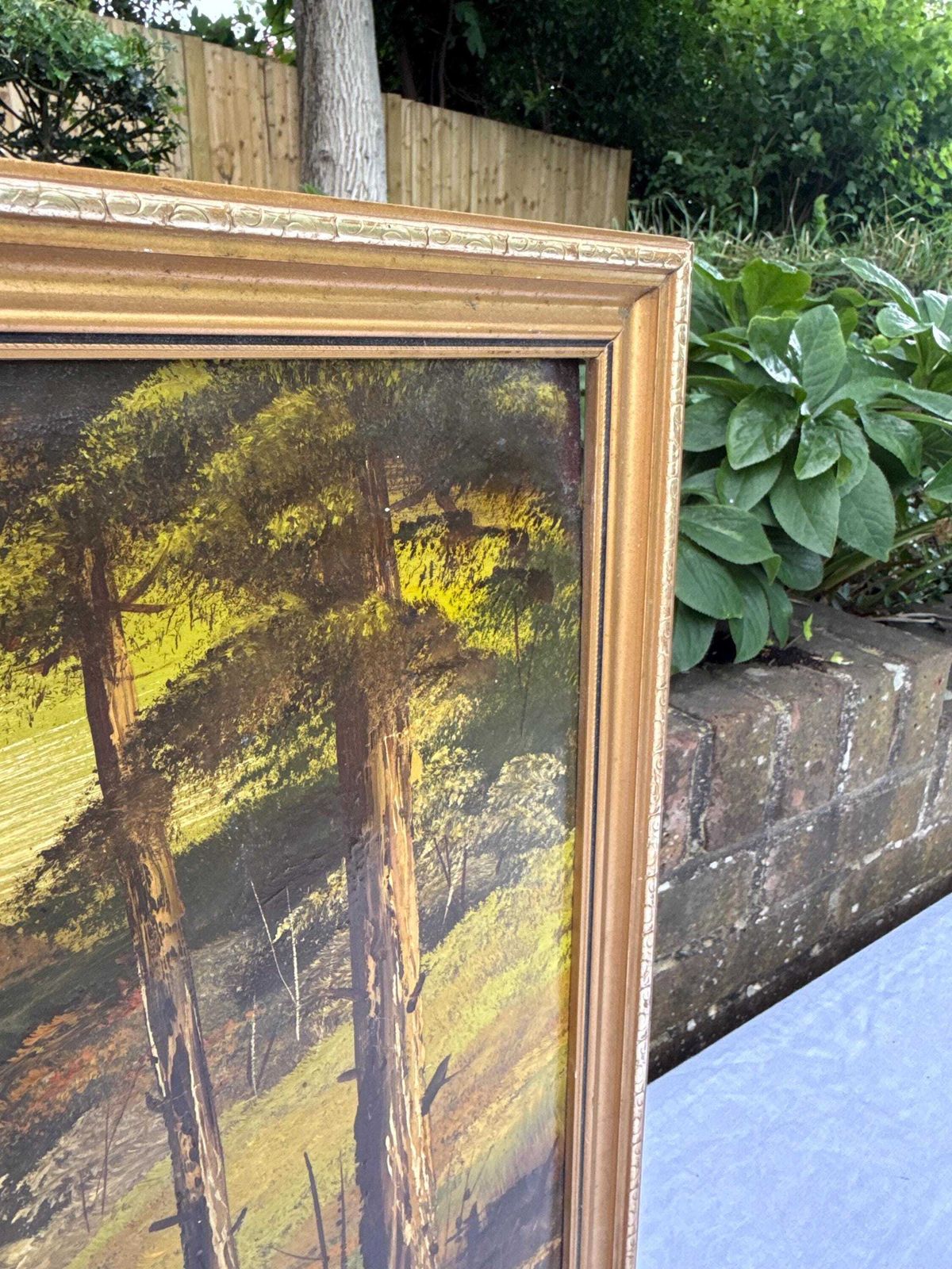 photo vinterior Vintage Original Oil Painting On Board By Nick Tomlinson, Woodland Landscape – Framed 1980s Wall Art