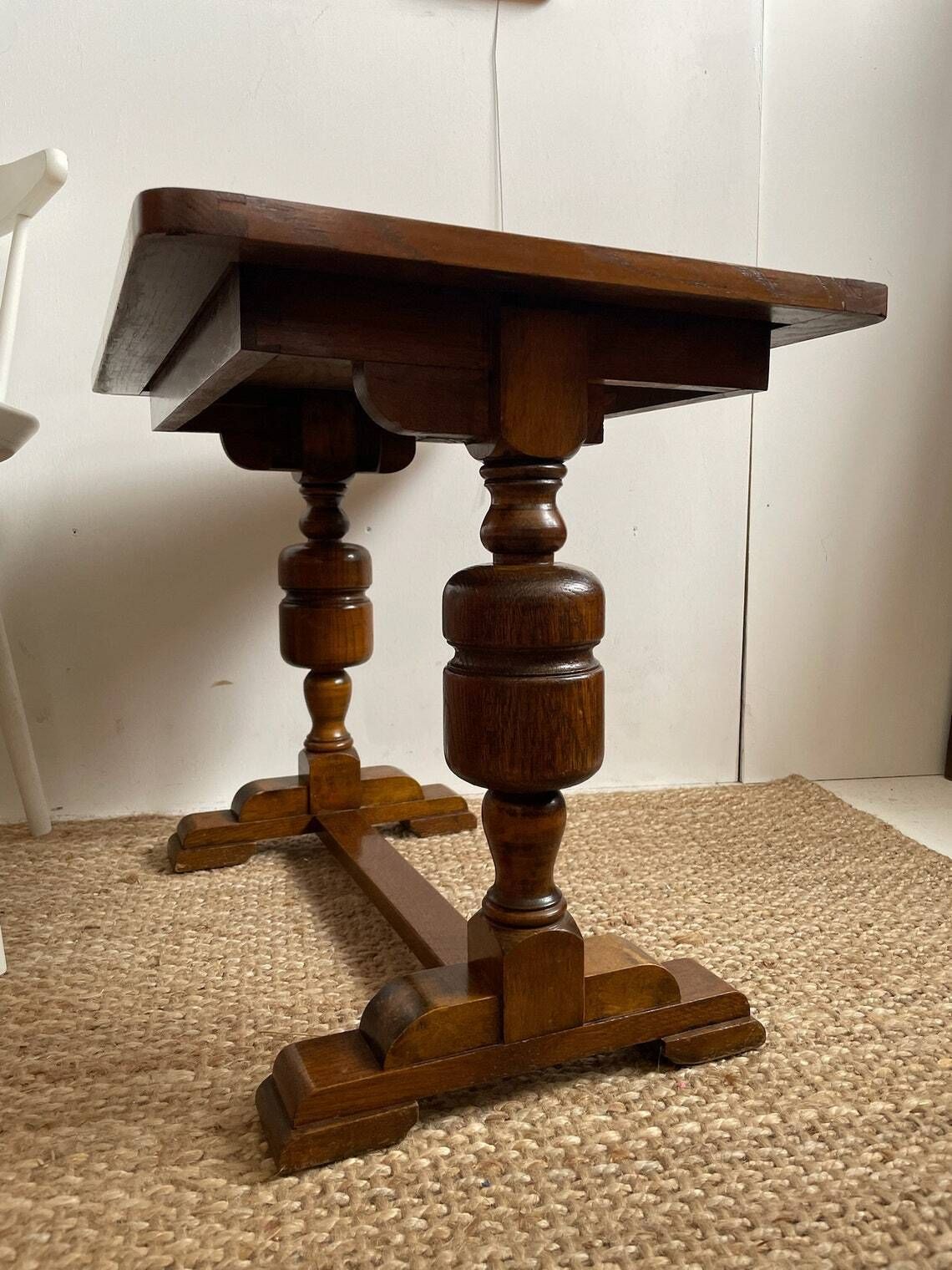 photo furniture Vintage Tall Oak Hallway Chapel Side Table With Chunky Turned Wood Legs Arts And Crafts Vibe