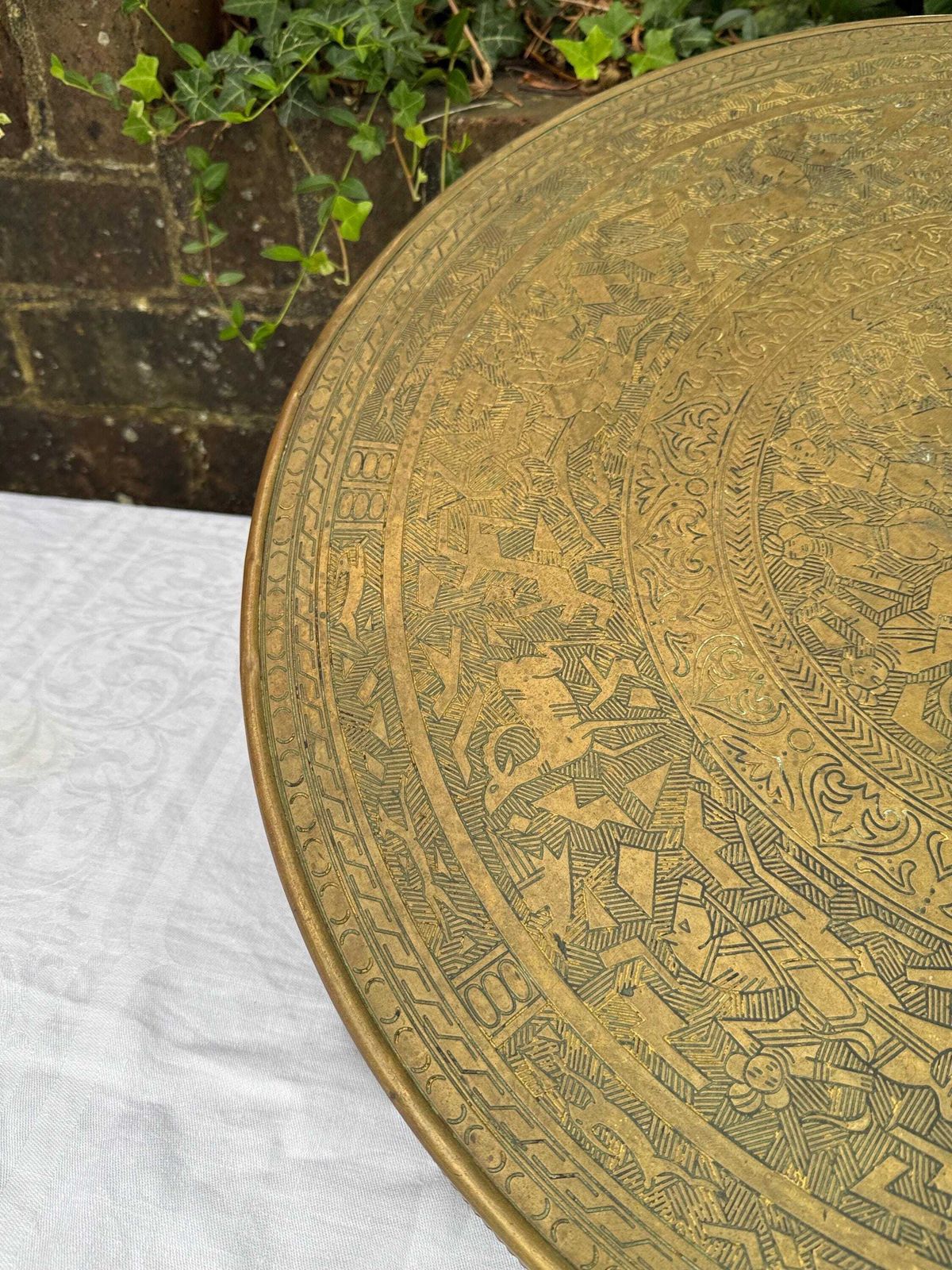 photo buy Early 1900s Banaras Benares Engraved Brass Table Top Wall Plaque, Brass Wall Plate Or Brass Charger