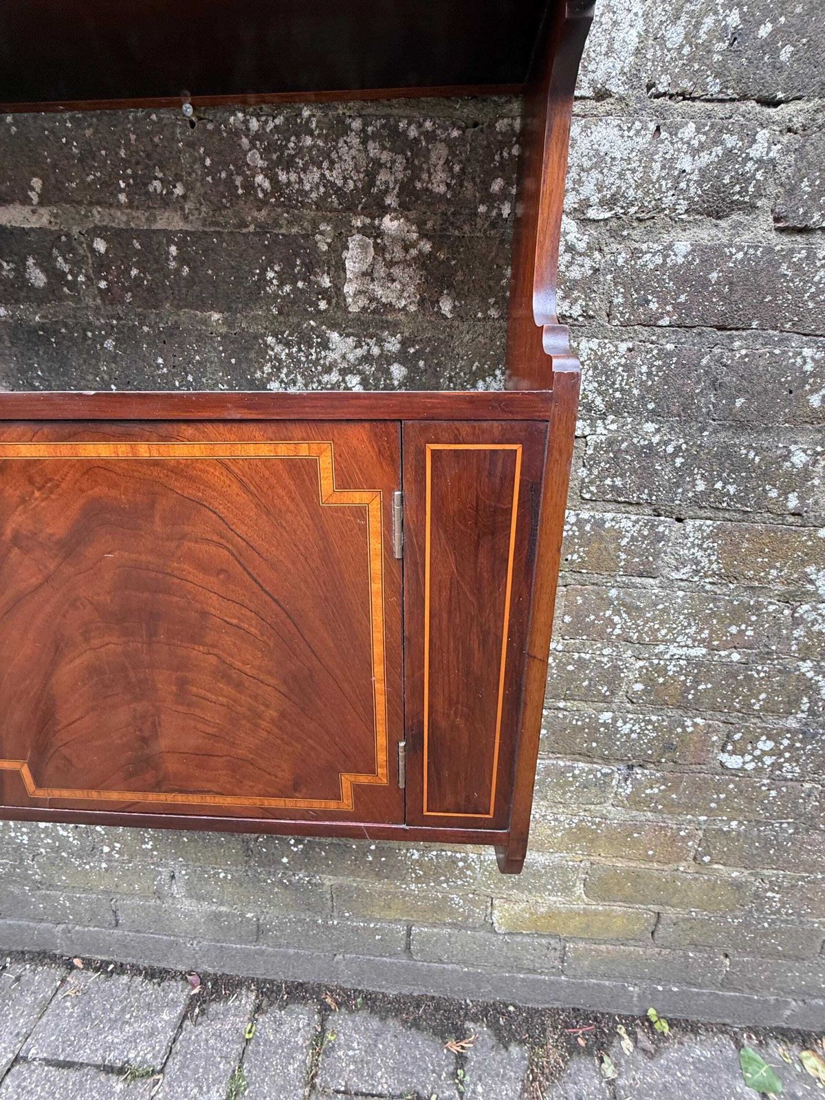 photo furniture Superb Antique Mahogany Wall Hanging Cabinet With Inlaid Veneer And Working Lock