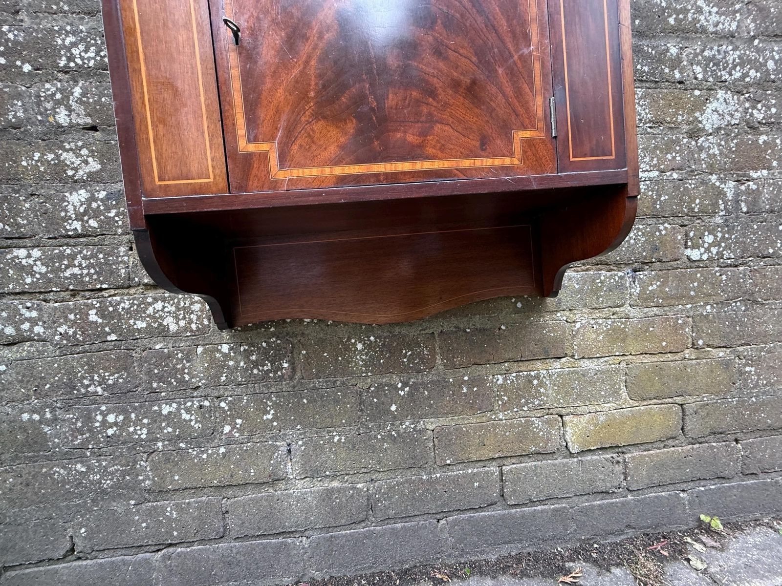 295.0 Superb Antique Mahogany Wall Hanging Cabinet With Inlaid Veneer And Working Lock photo