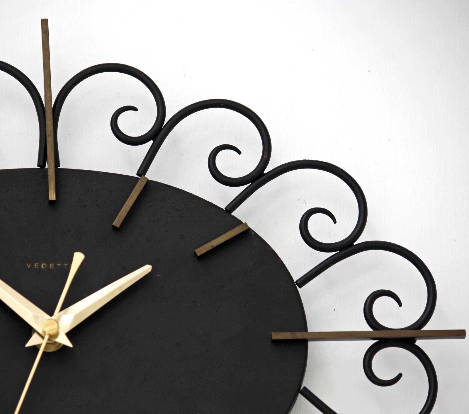 Vintage Vedette Wall Clock   34cm Sunburst French Starburst Metal Retro Atomic Ornate Black Clock Gift Off The Wall Clocks photo for sale