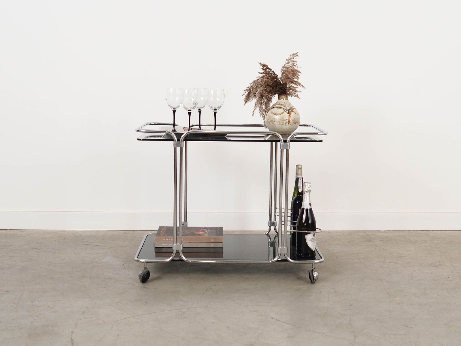Glass Bar Cabinet On Castors, Italian Design, 1970s, Made In Italy photo for sale