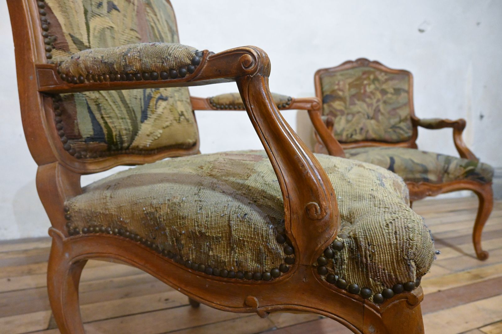 A Pair 19th Century French Louis XV Fauteuils Open Armchairs  Aubusson Tapestry photo Furniture