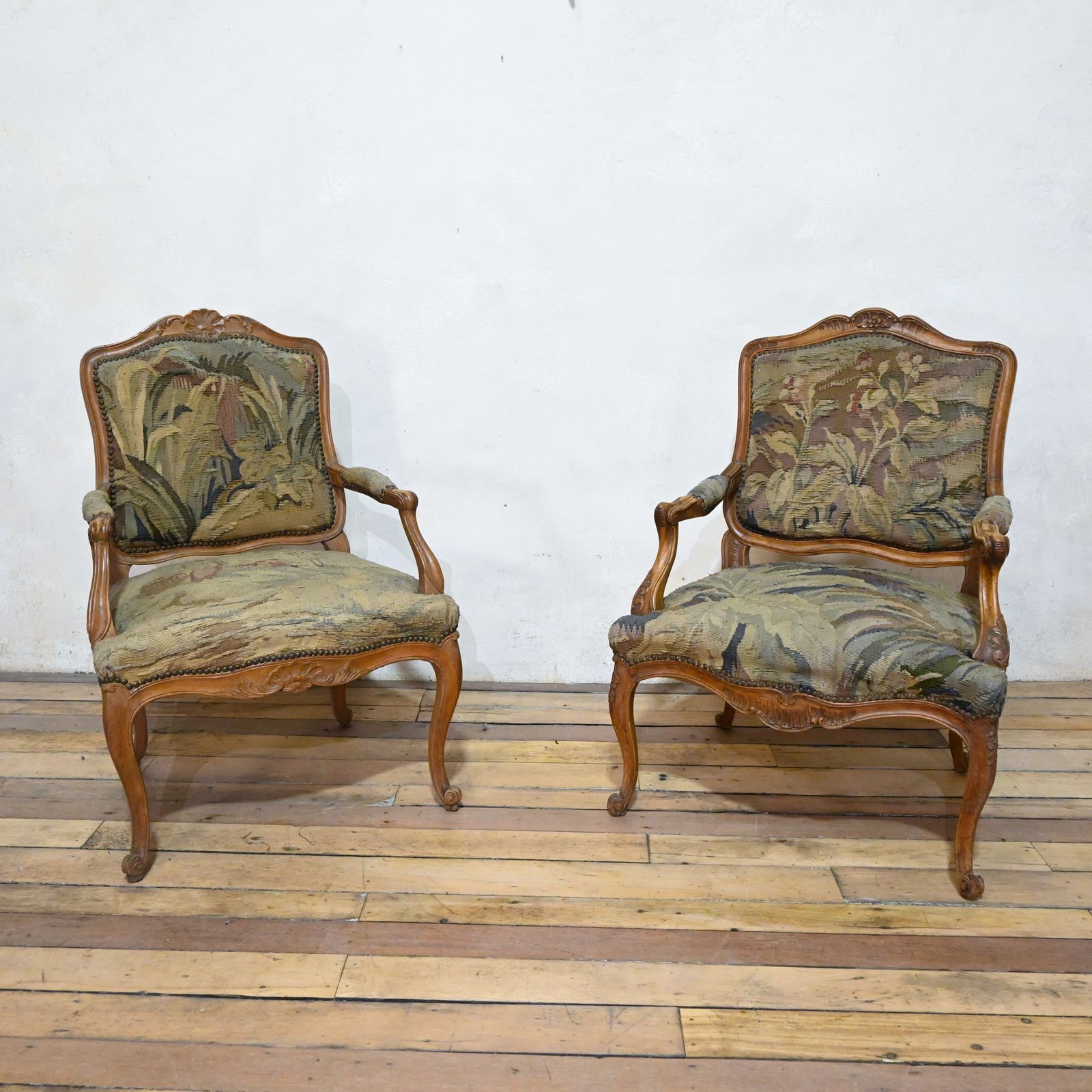 photo for sale A Pair 19th Century French Louis XV Fauteuils Open Armchairs  Aubusson Tapestry