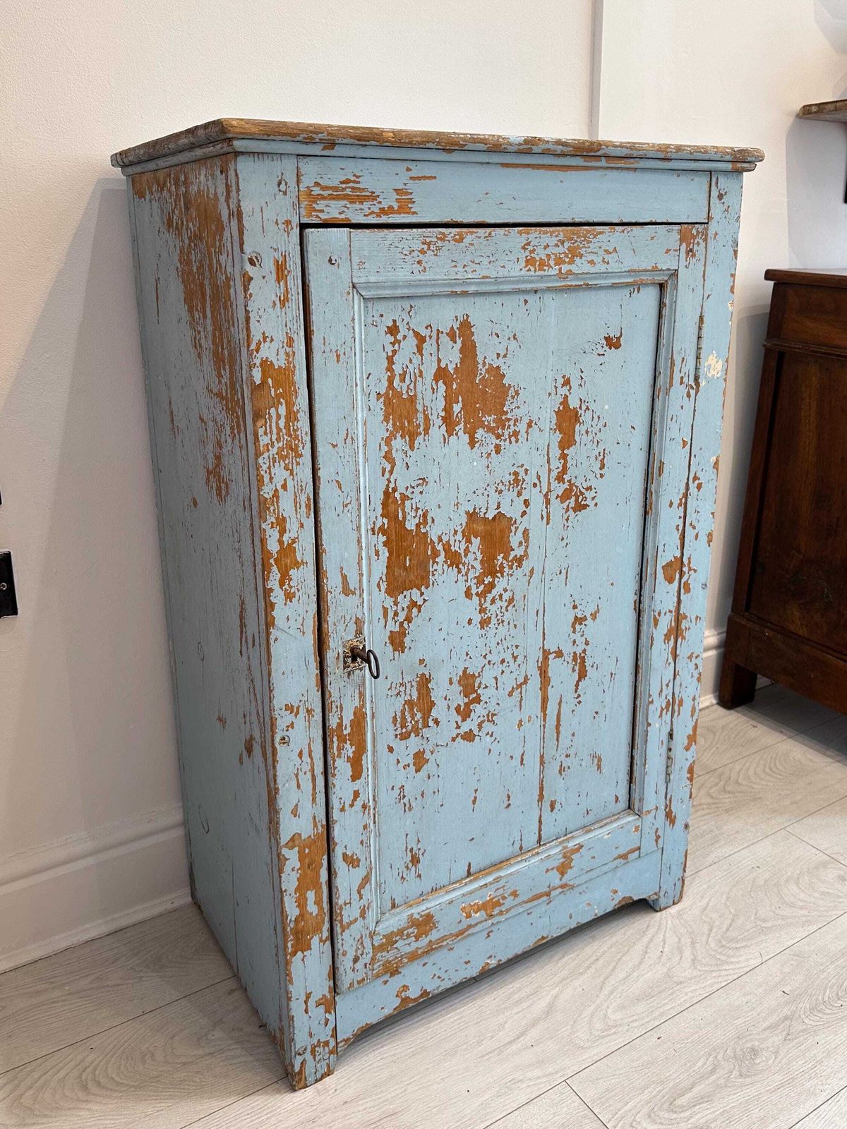 Vintage French Rustic Distressed Blue Painted Pine Cupboard / Pantry Cabinet