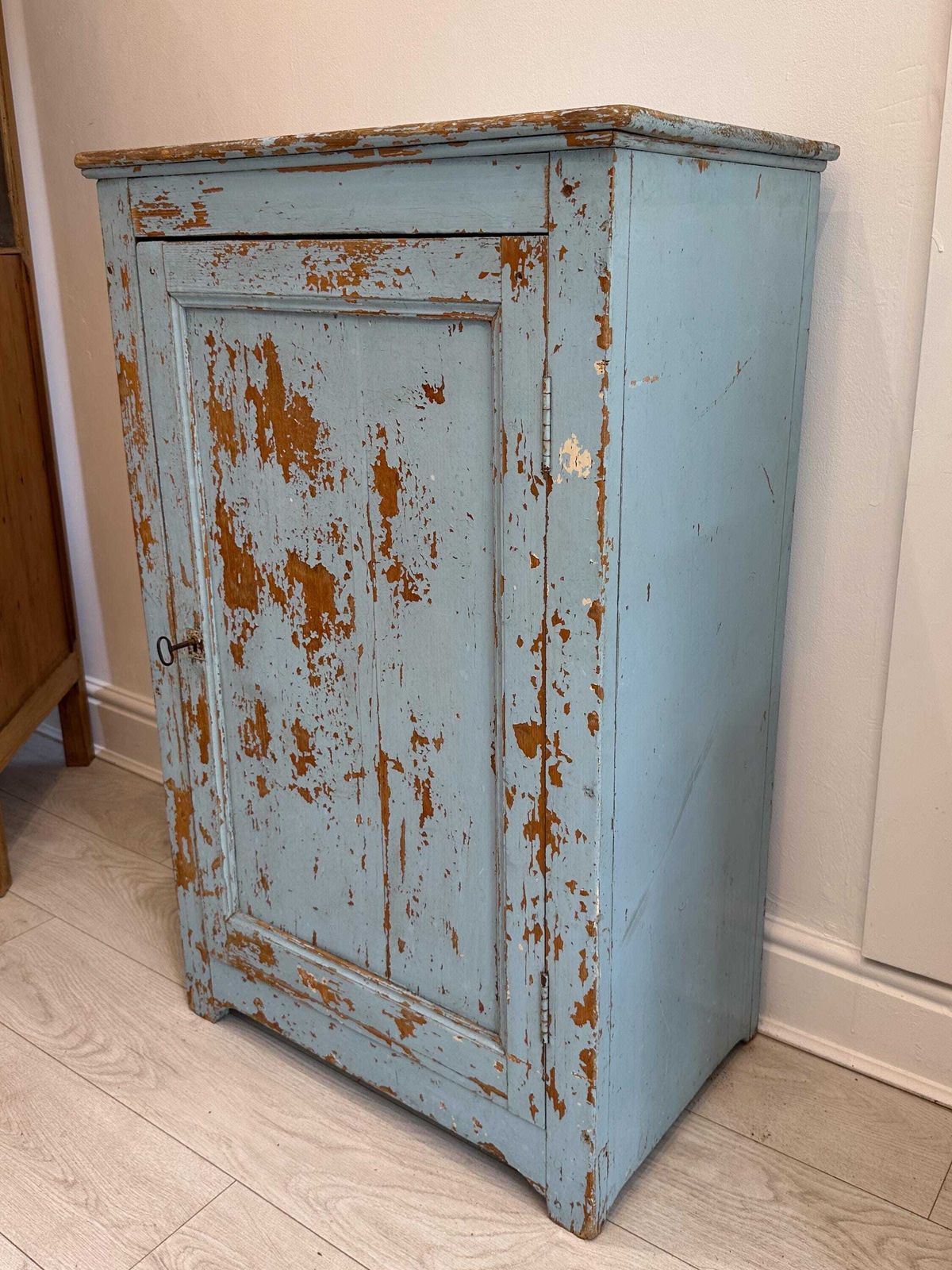 photo for sale Vintage French Rustic Distressed Blue Painted Pine Cupboard / Pantry Cabinet