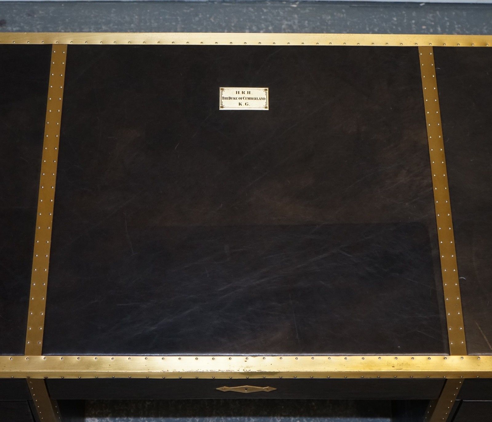 4500.0 Timothy Oulton Cumberland Collection Aged Leather Desk Red Velvet Lining photo