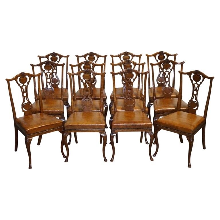 Scottish Victorian Set 12 Restored Dyed Leather Dining Chairs By John Taylor