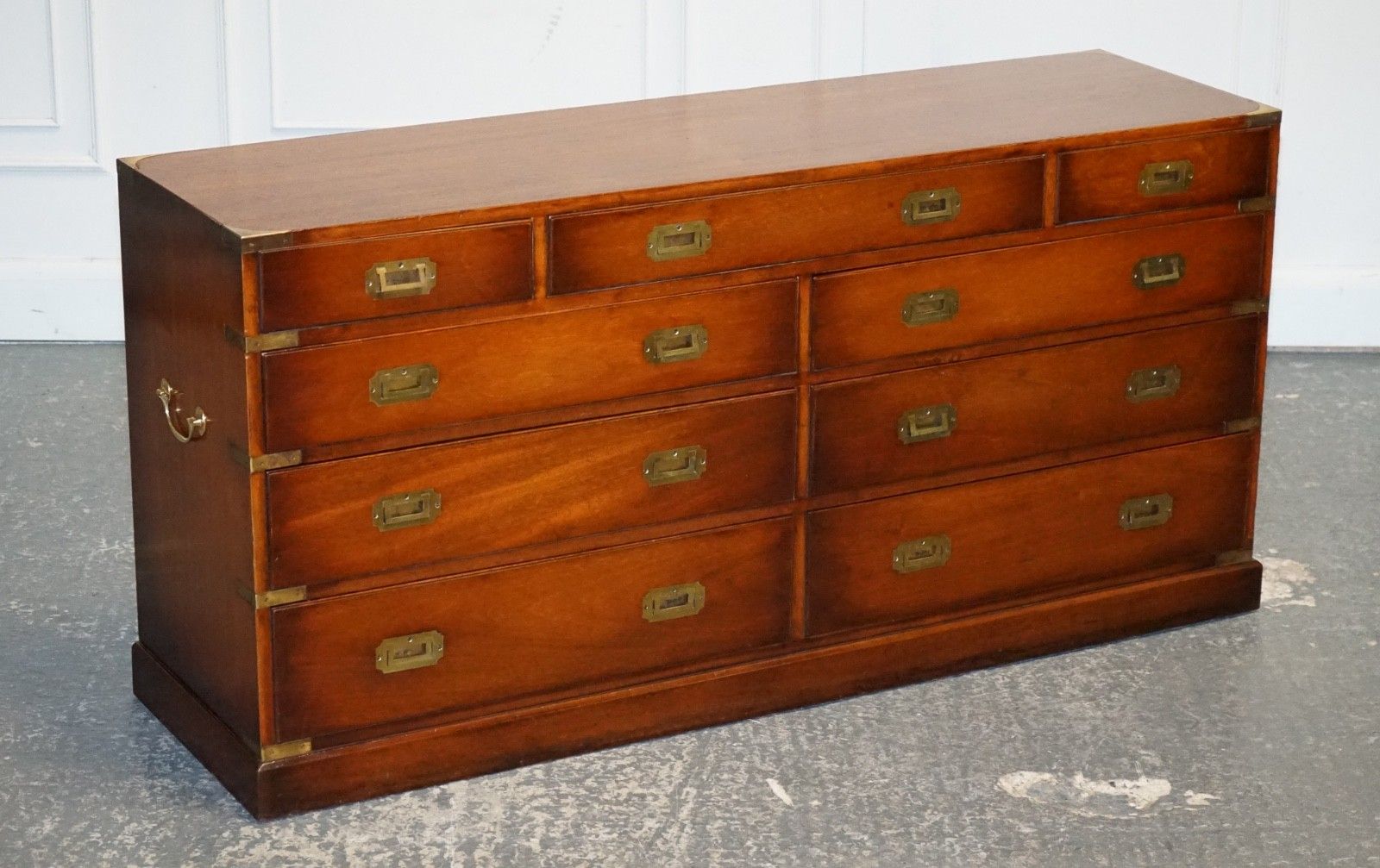 Vintage Yew Wood Military Campaign Sideboard Bank Of Drawers With Brass Handles photo furniture
