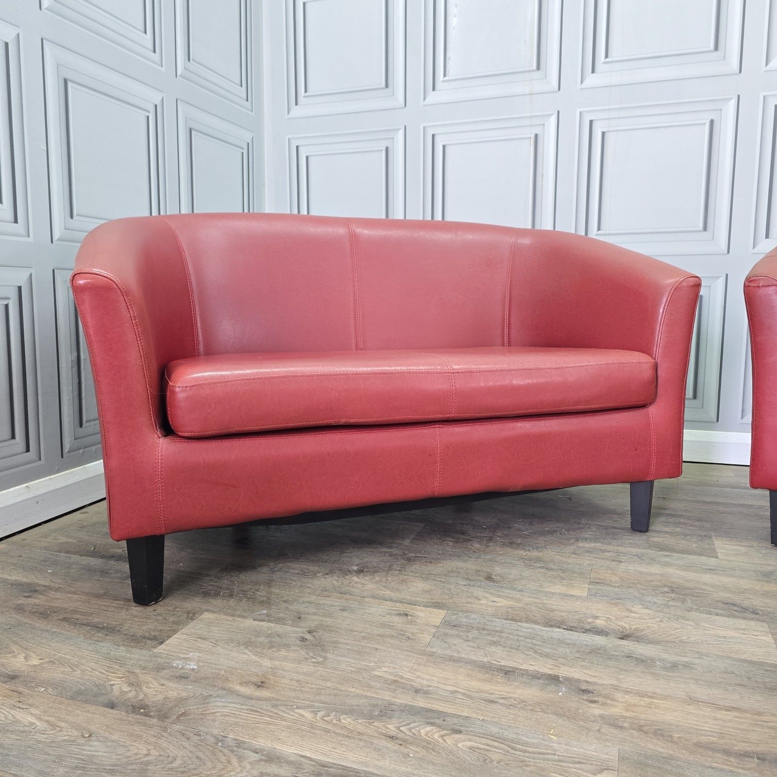 Vintage Tub Chair And Two Seater Sofa Red Vinyl Faux Leather Lounge Suite photo for sale