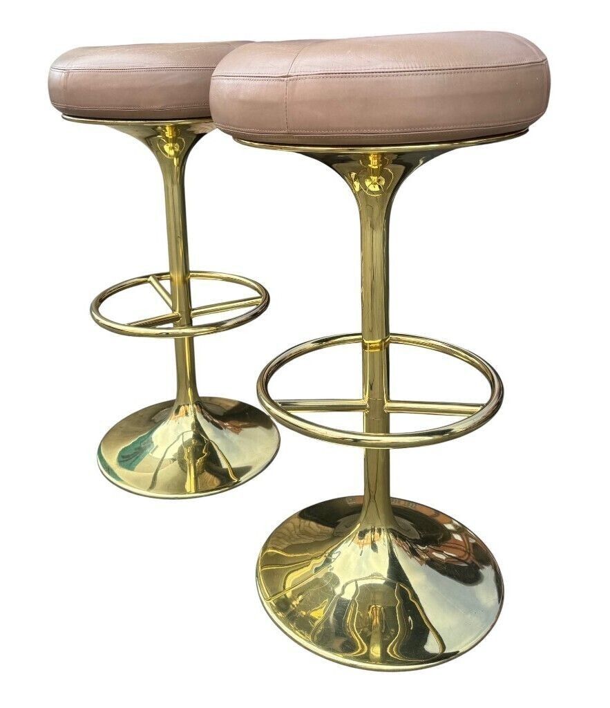 A Pair Of 1970s Gilt Metal And Leather Bar Stools photo Furniture