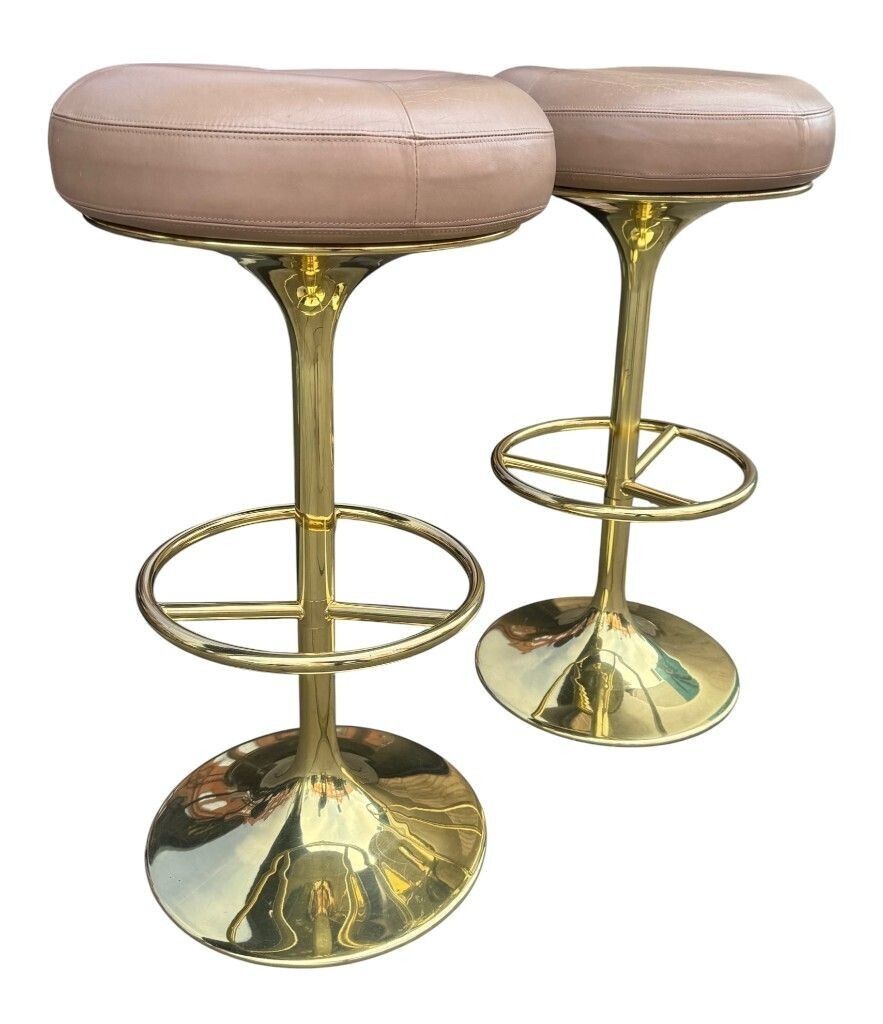 A Pair Of 1970s Gilt Metal And Leather Bar Stools photo buy
