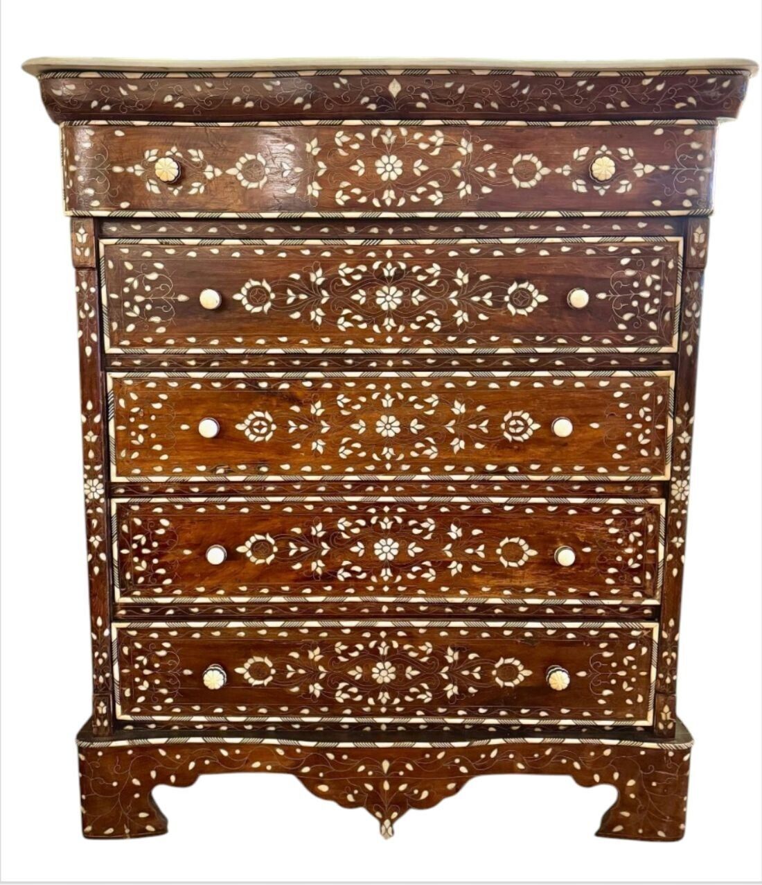 A Lovely Decorative Syrian Inlaid Five Drawer Commode With Serpentine Front And Carrera Marble Top