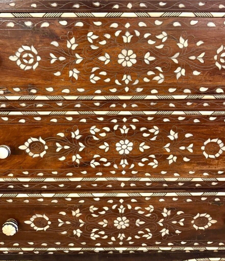 A Lovely Decorative Syrian Inlaid Five Drawer Commode With Serpentine Front And Carrera Marble Top photo for sale