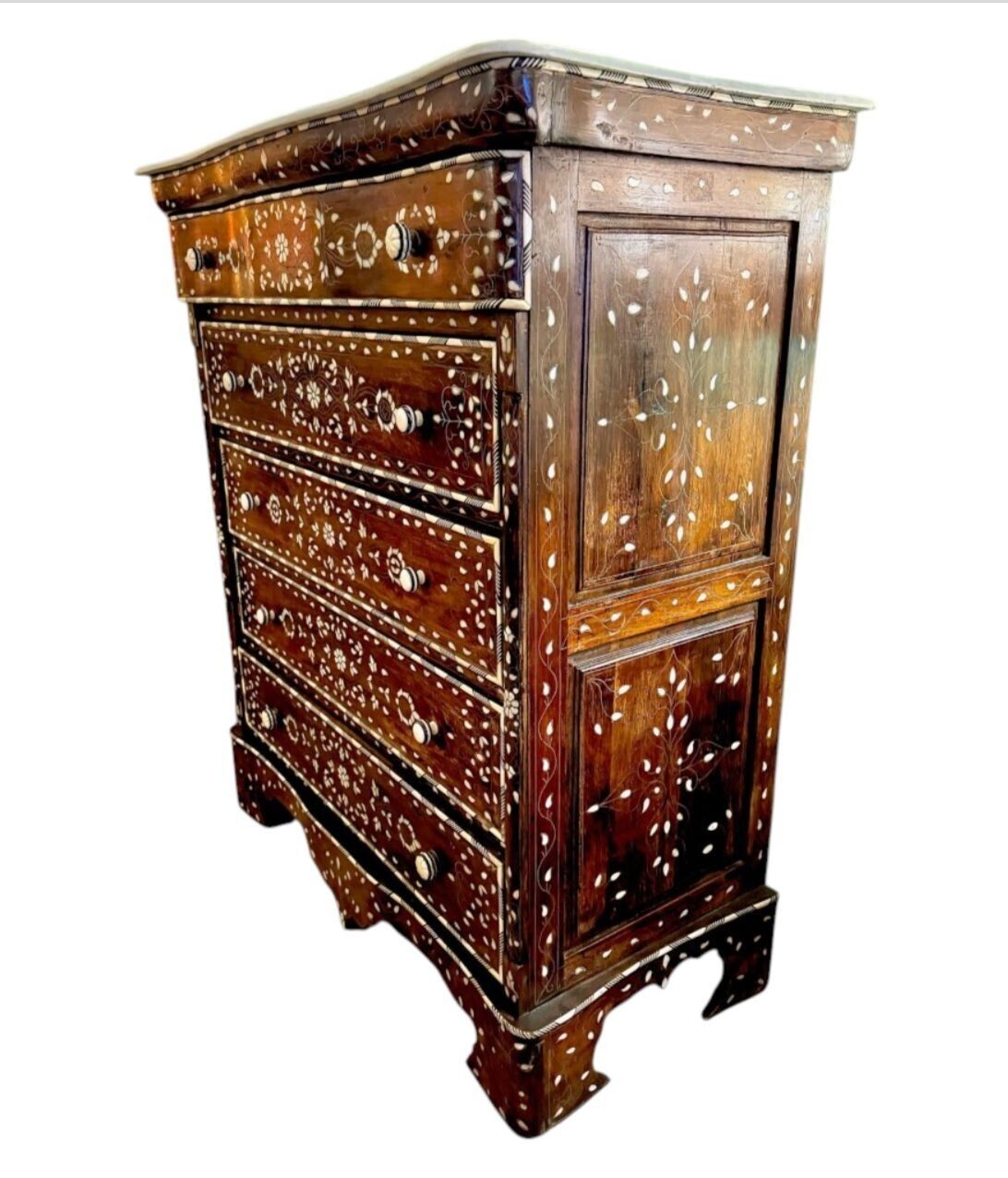 A Lovely Decorative Syrian Inlaid Five Drawer Commode With Serpentine Front And Carrera Marble Top photo 3550.0