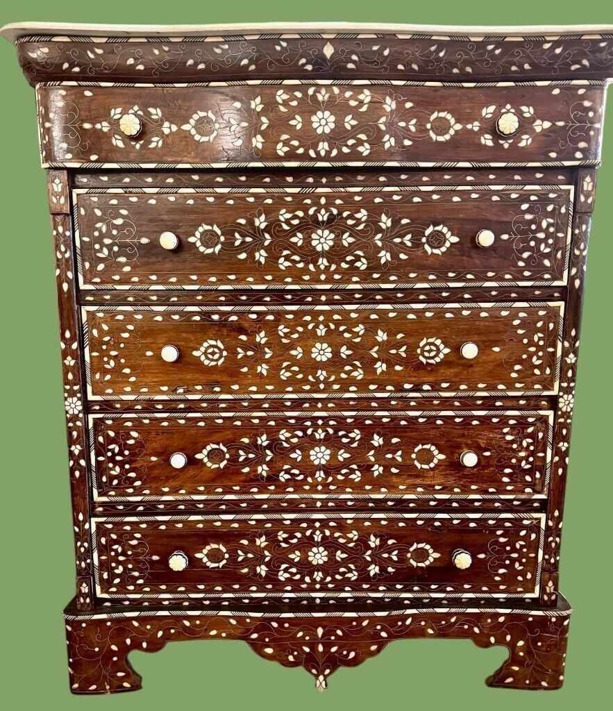 A Lovely Decorative Syrian Inlaid Five Drawer Commode With Serpentine Front And Carrera Marble Top photo buy