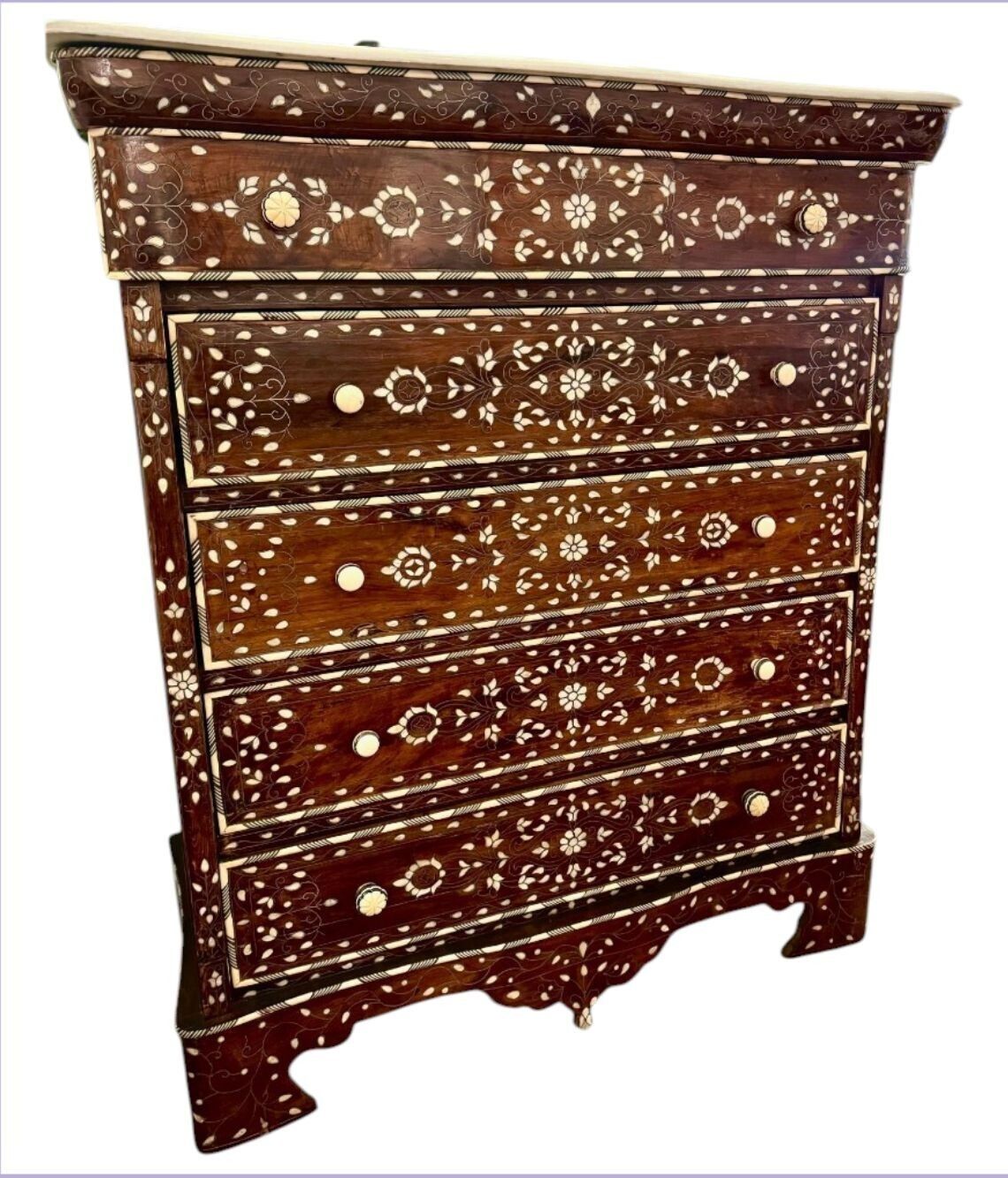 photo for sale A Lovely Decorative Syrian Inlaid Five Drawer Commode With Serpentine Front And Carrera Marble Top