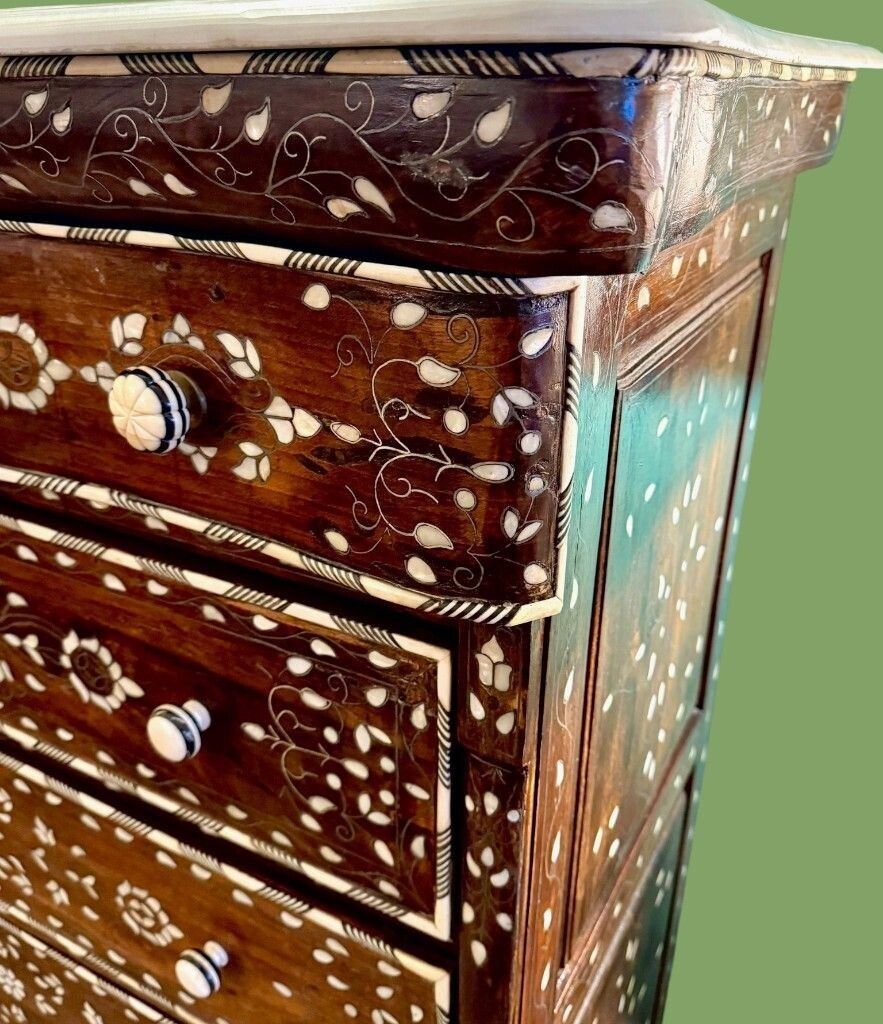 3550.0 A Lovely Decorative Syrian Inlaid Five Drawer Commode With Serpentine Front And Carrera Marble Top photo