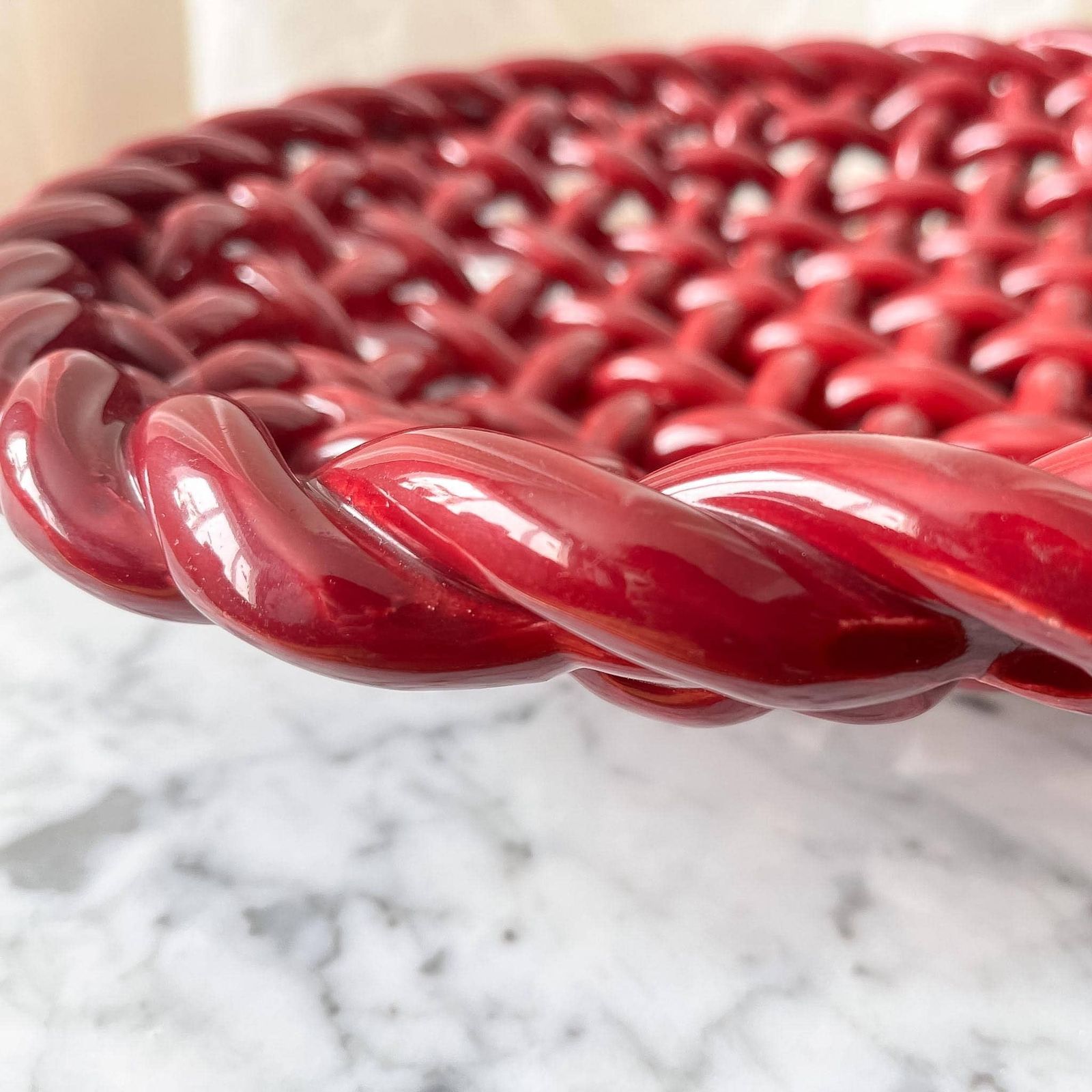 Large Vintage Red Glazed Ceramic Woven Bowl Attributed To Vallauris. photo for sale