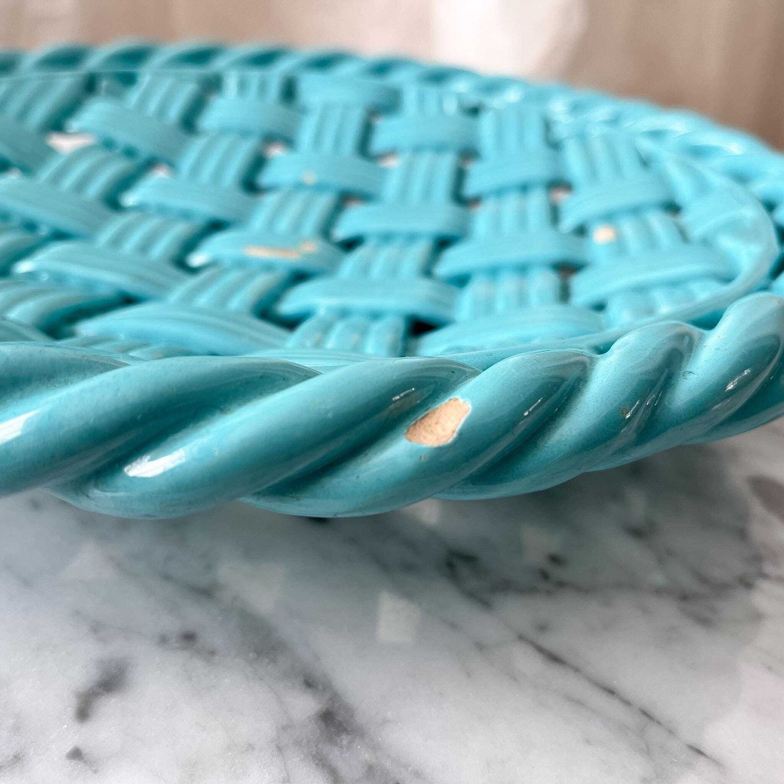 Vintage Blue Glazed Ceramic Woven Bowl. photo Home Decor