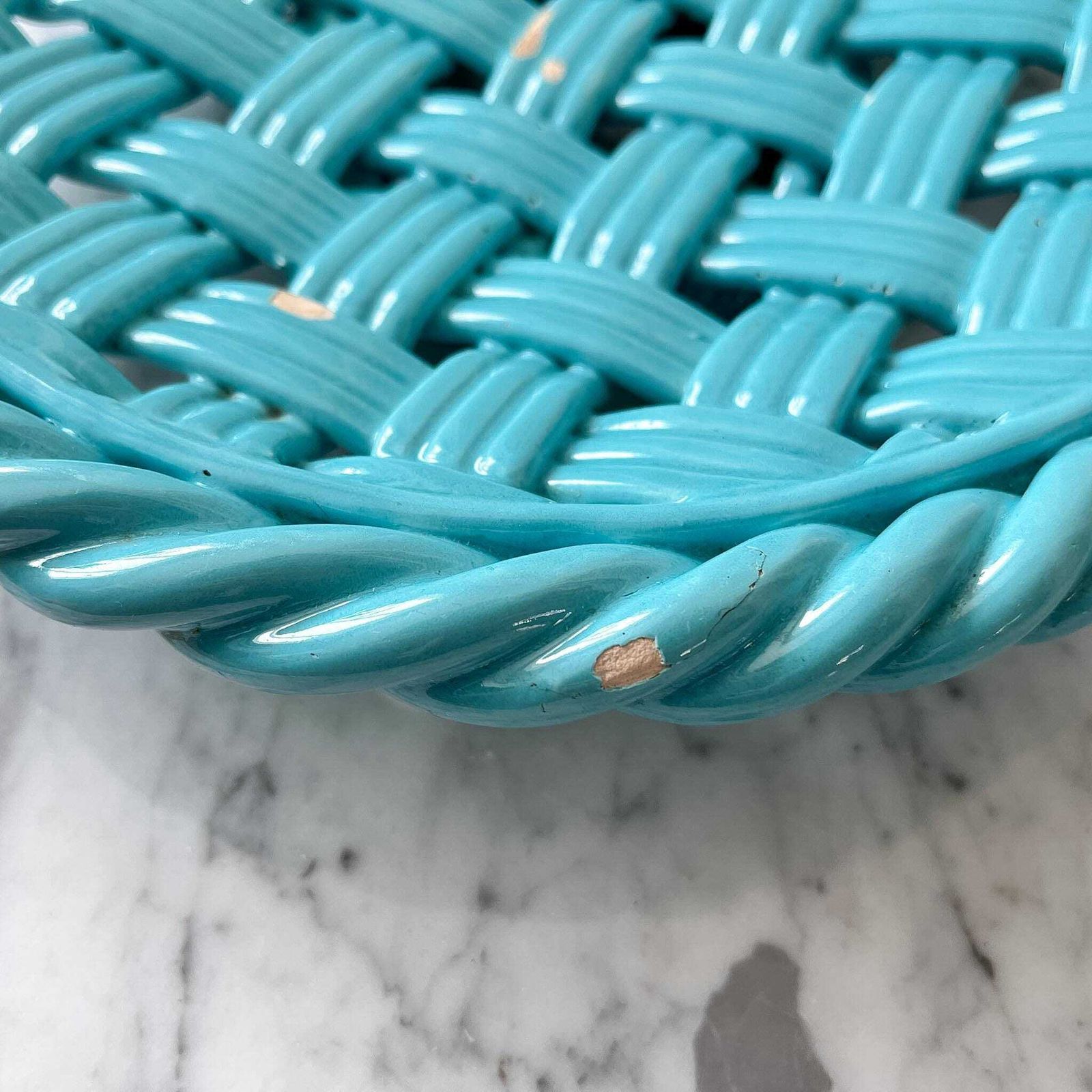 Vintage Blue Glazed Ceramic Woven Bowl. photo vinterior