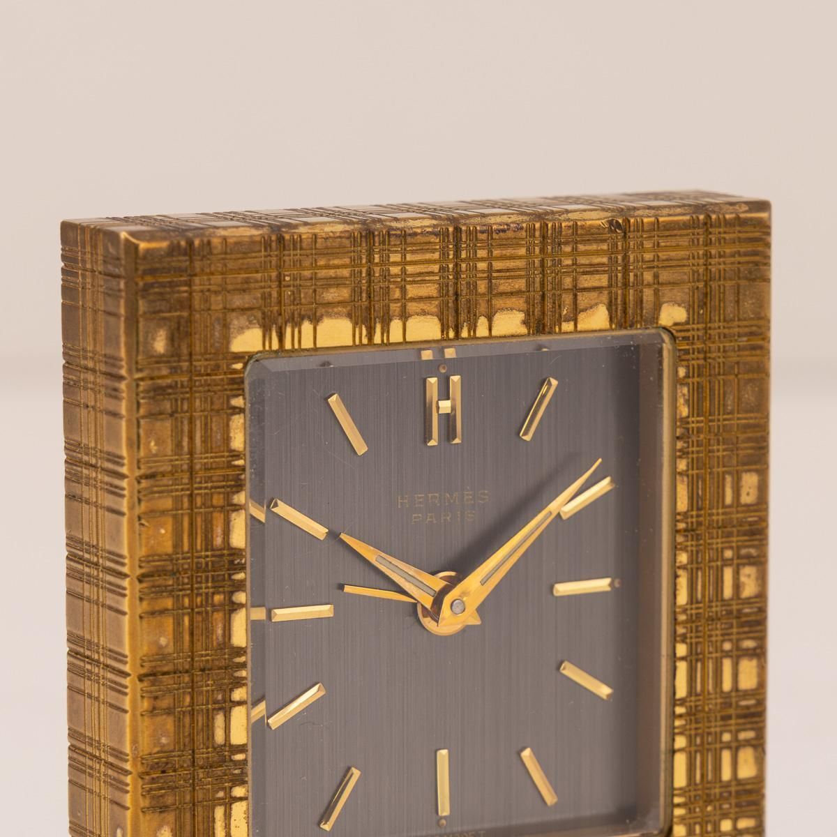 Vintage 20thc Hermès Gilt Brass Swiss Made Desk Clock C.1960 photo vinterior